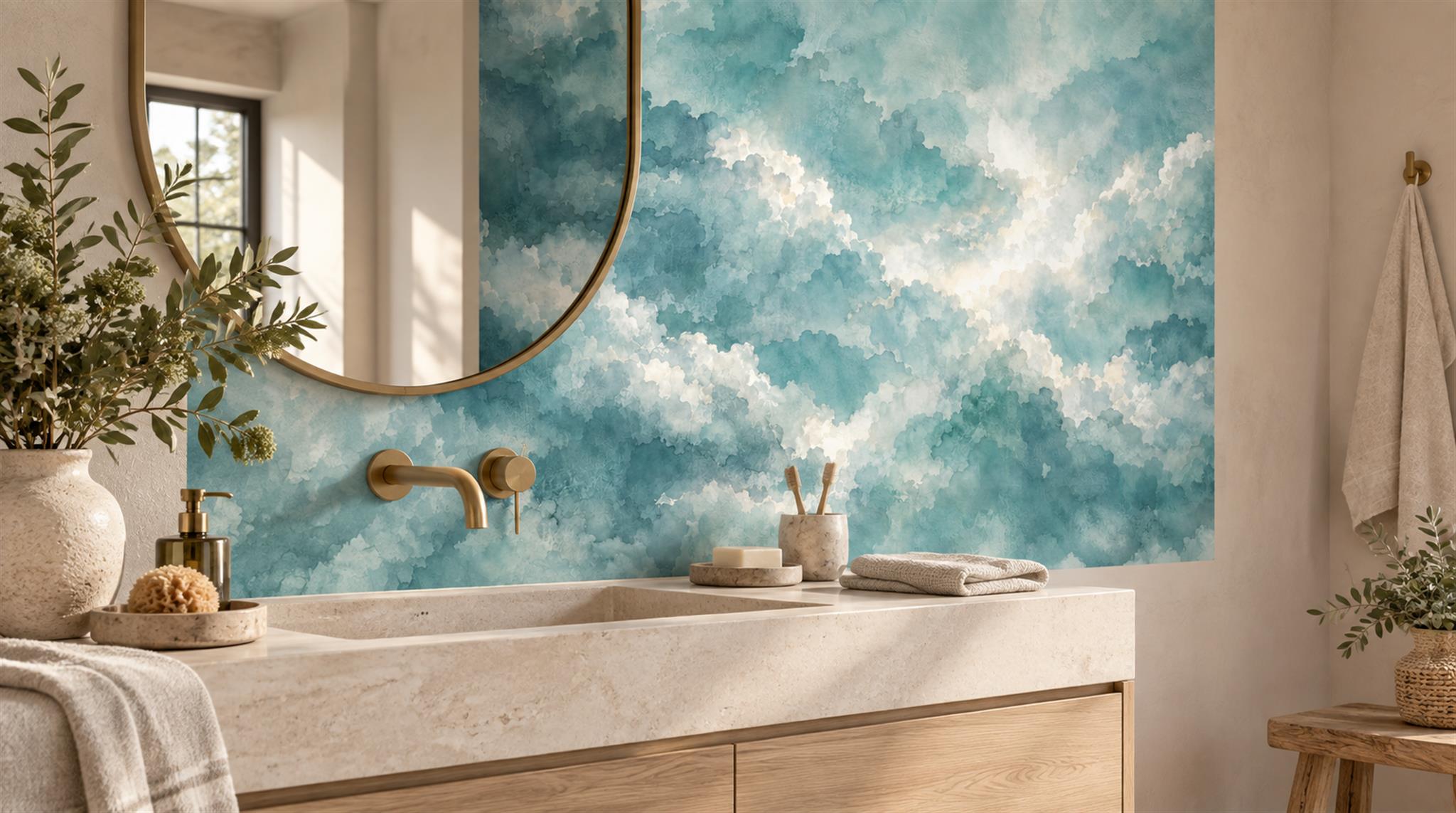 Red And Teal Decorative Patterning Layered Wallpaper Mural Bathroom-wallpaper-murals, Peel-and-stick Finish