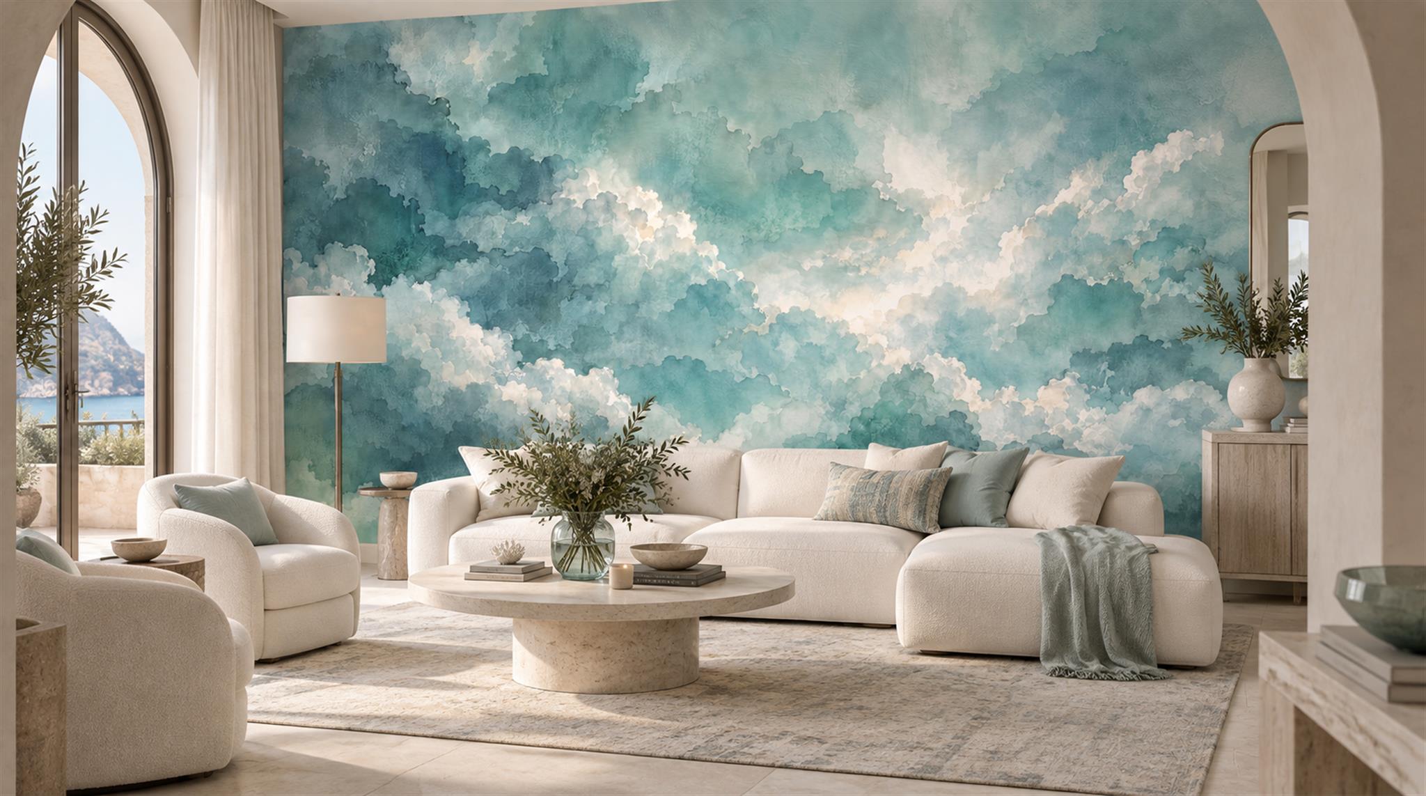 Red And Teal Decorative Patterning Layered Wallpaper Mural Living-room-wallpaper-murals, Peel-and-stick Finish