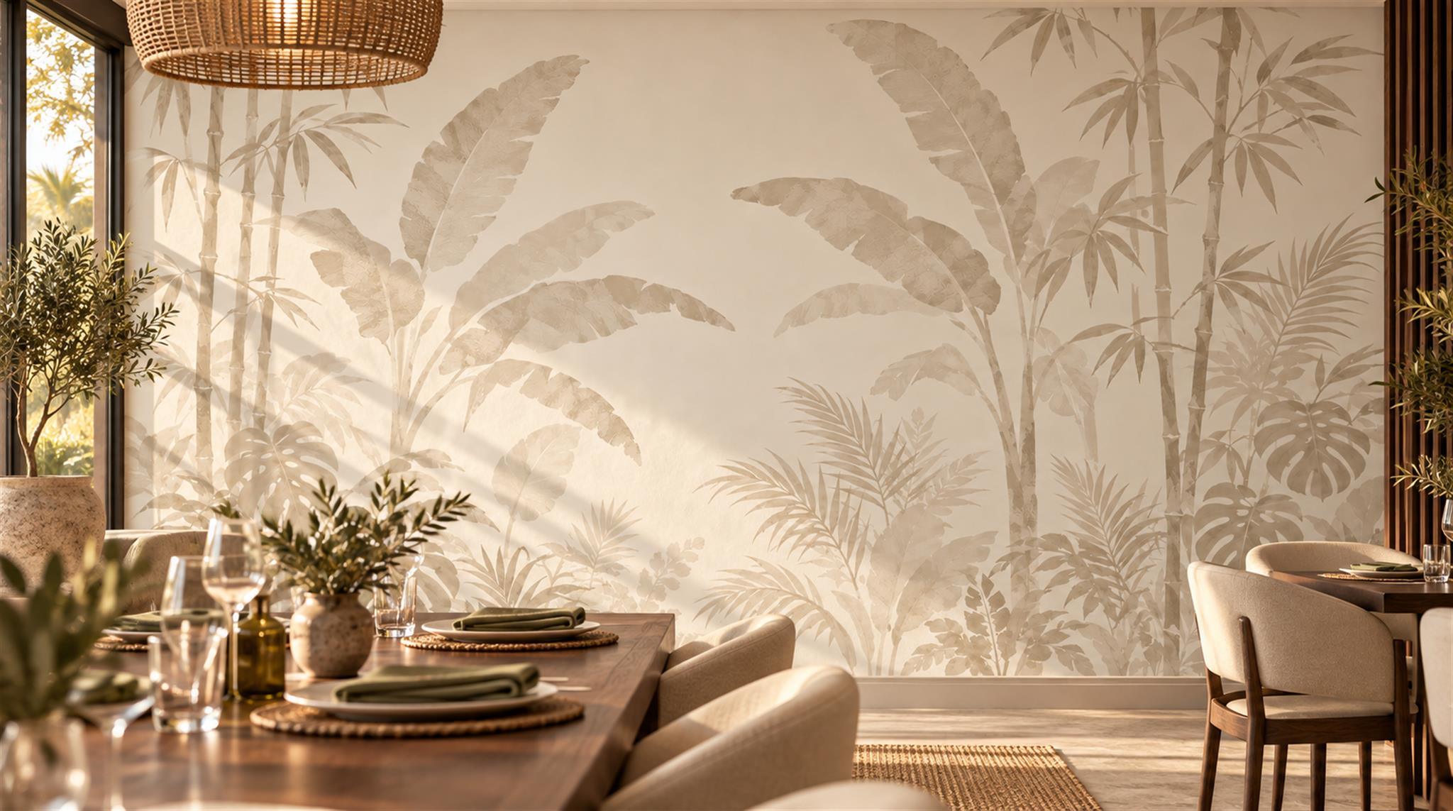 Ivory And Red Leaf Patterning Textured Wallpaper Mural Dining-room-wallpaper-murals, Shown In A Dining Room, Peel-and-stick Finish