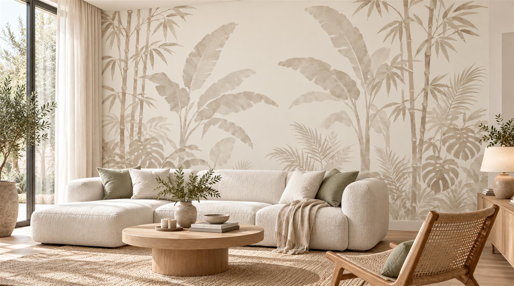 Monochrome Tropical Leaf Silhouette Wallpaper Mural — Wallpaper Mural Design, Peel-and-stick Finish