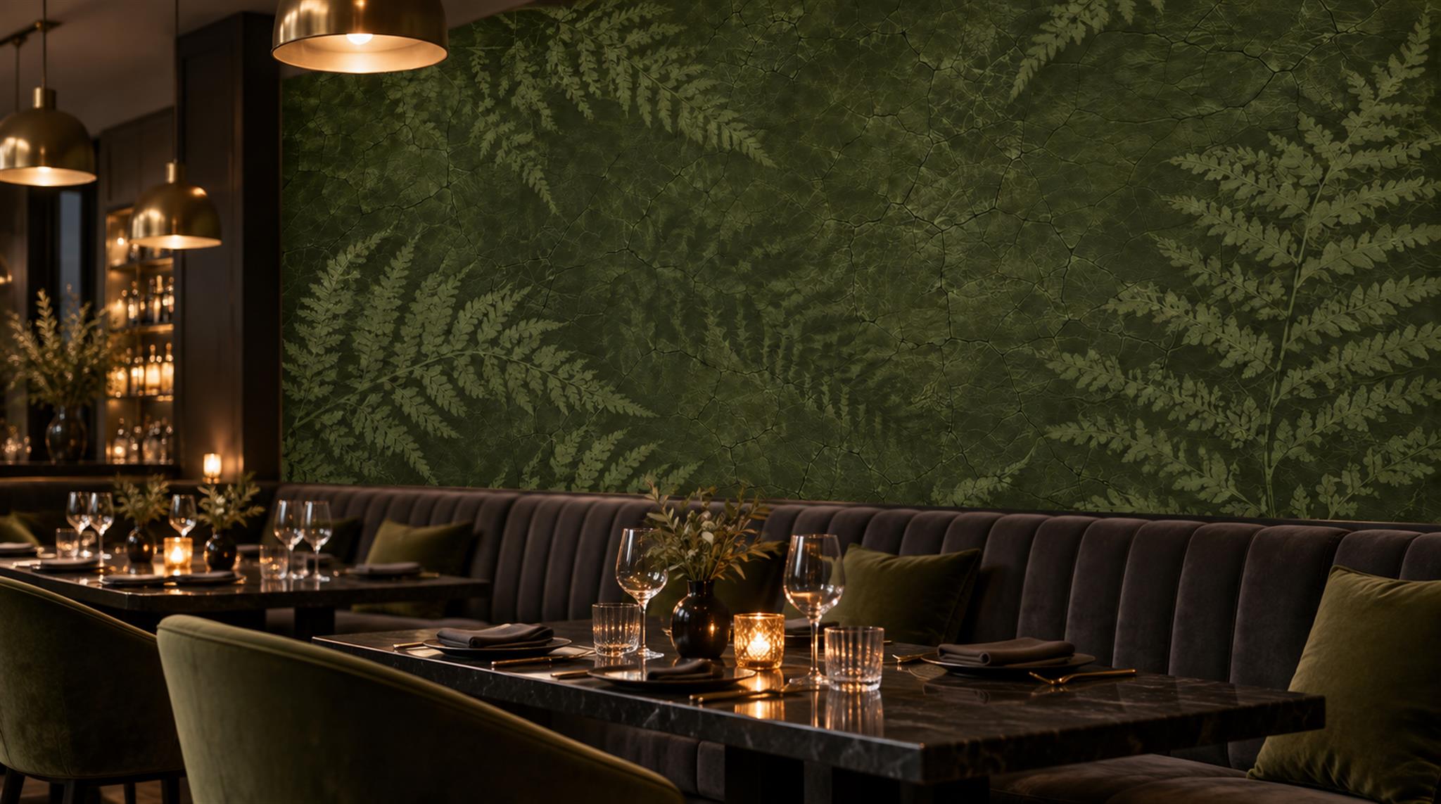 Red And Olive Fern Foliage Wallpaper Mural Accent-wall-wallpaper-murals, Peel-and-stick Finish