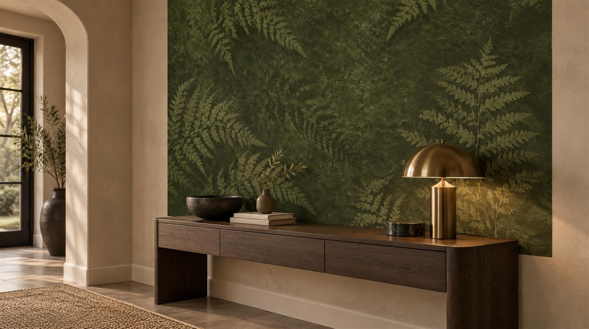 Red And Olive Fern Foliage Wallpaper Mural Entryway-wallpaper-murals, Peel-and-stick Finish