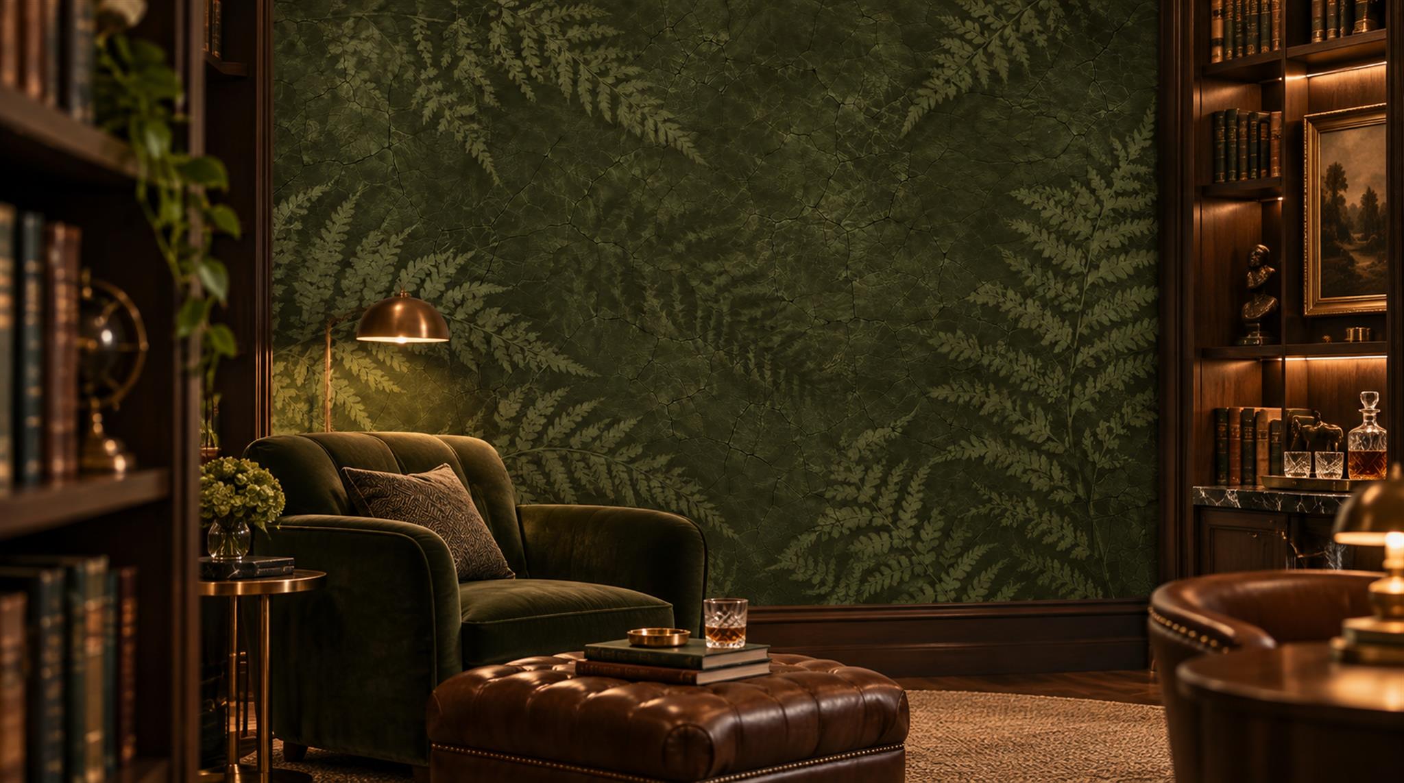 Red And Olive Fern Foliage Wallpaper Mural Library-wallpaper-murals, Peel-and-stick Finish