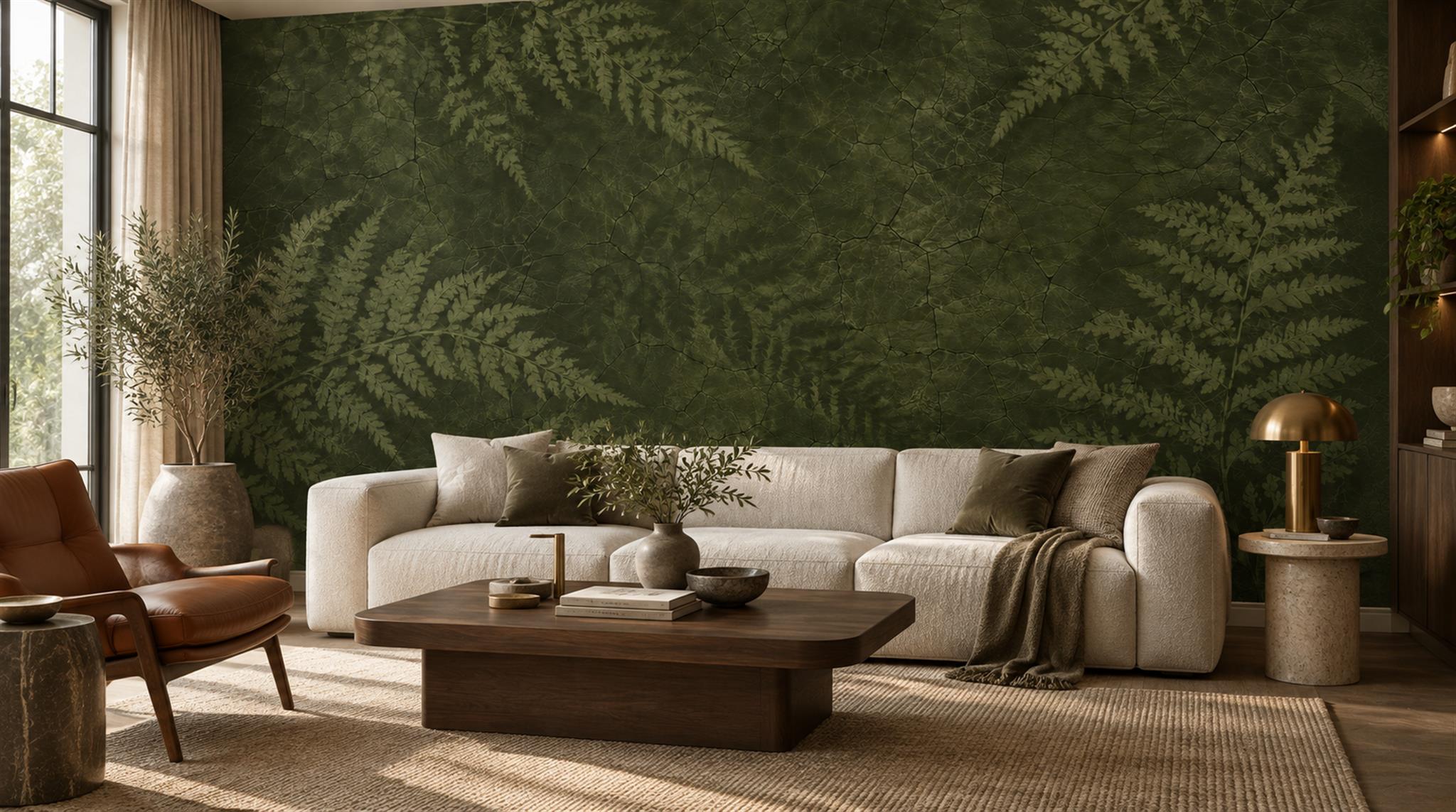 Red And Olive Fern Foliage Wallpaper Mural Living-room-wallpaper-murals, Shown In A Living Room, Peel-and-stick Finish