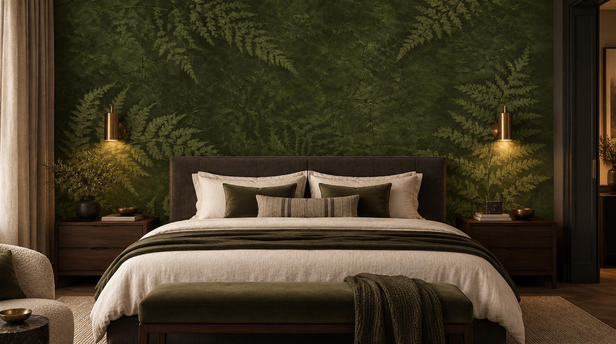 Red And Olive Fern Foliage Wallpaper Mural Library-wallpaper-murals, Peel-and-stick Finish