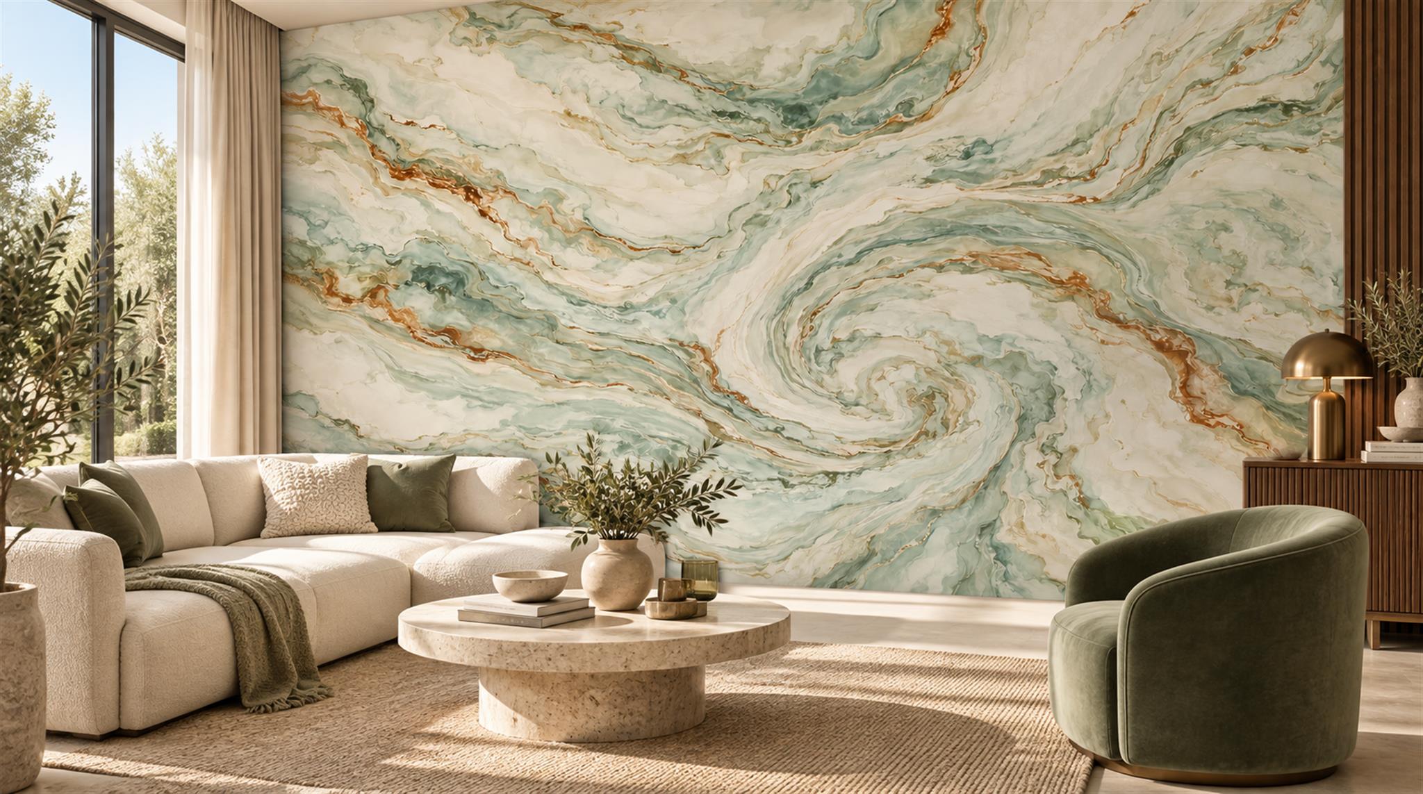 Red And Sage Green Marble Veining Wallpaper Mural Living-room-wallpaper-murals, Shown In A Living Room, Peel-and-stick Finish