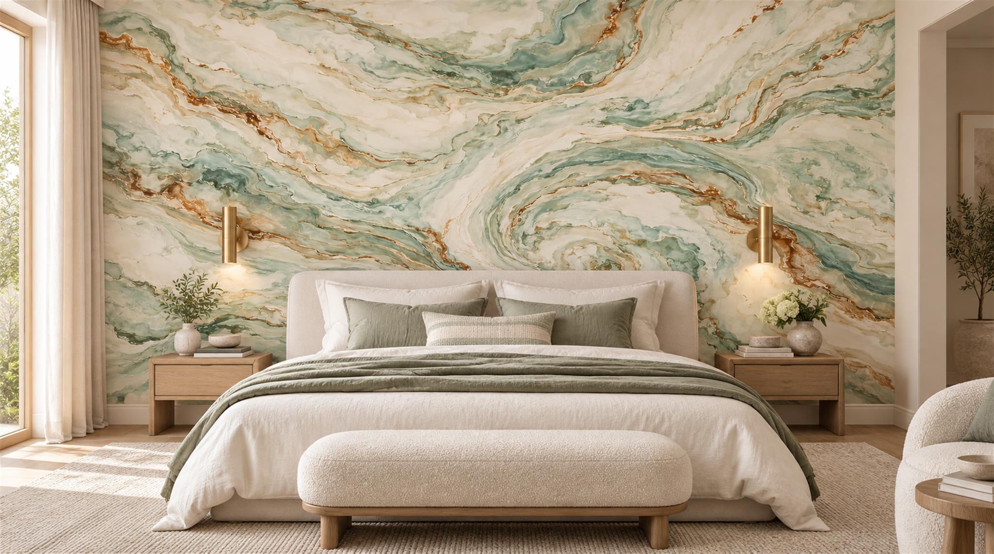 Red And Sage Green Marble Veining Wallpaper Mural Bedroom-wallpaper-murals, Peel-and-stick Finish