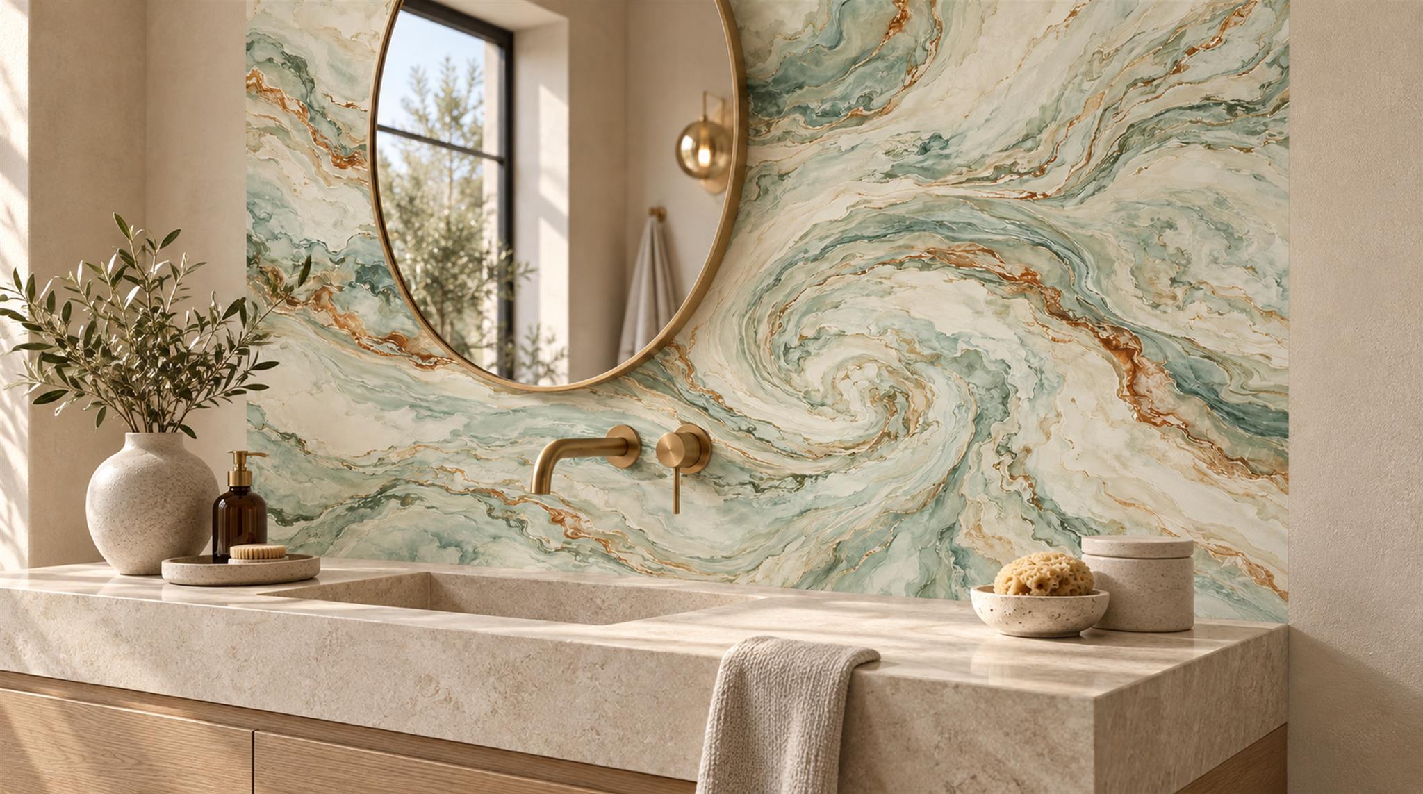 Red And Sage Green Marble Veining Wallpaper Mural Bathroom-wallpaper-murals, Peel-and-stick Finish