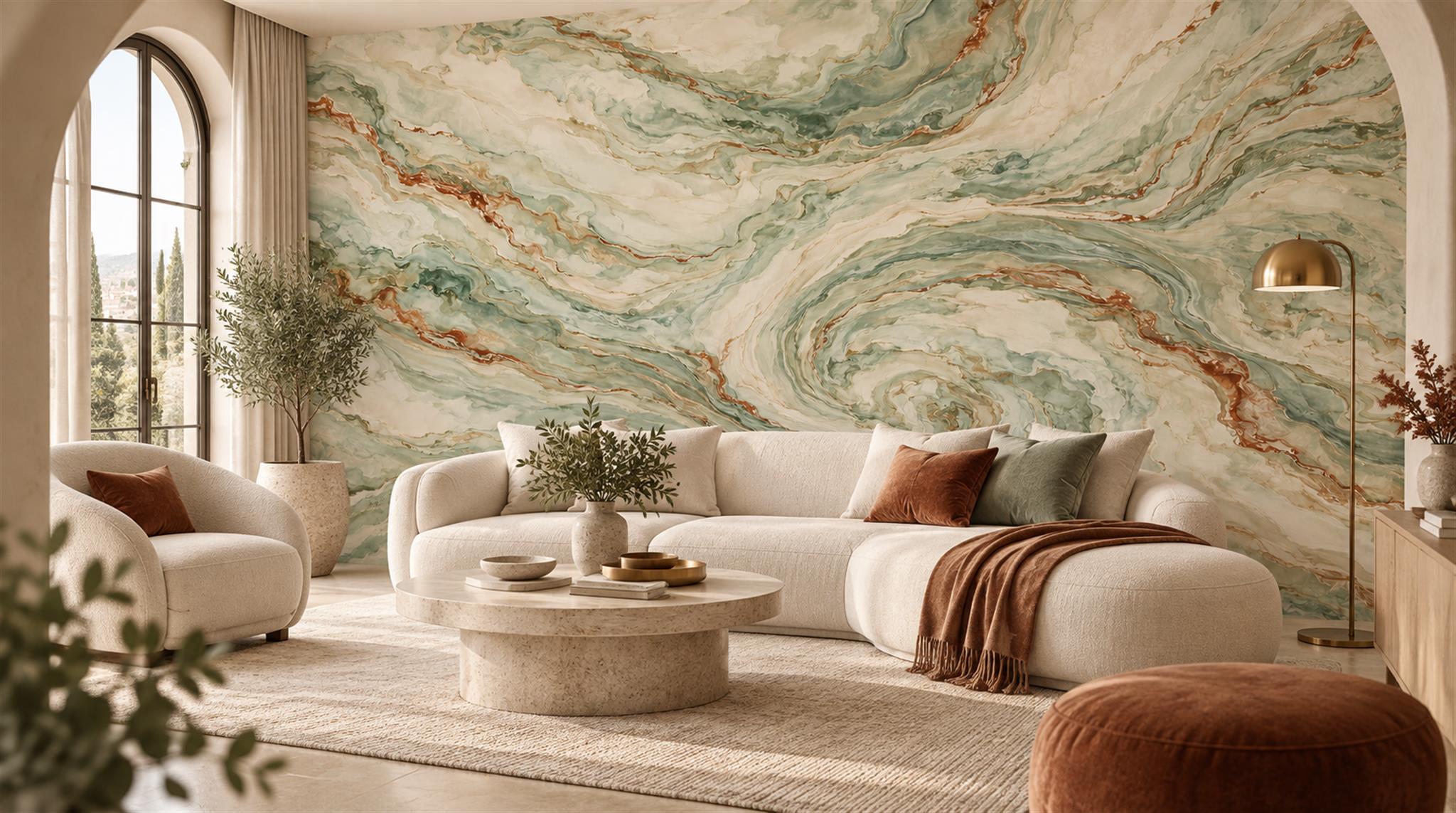 Red And Sage Green Marble Veining Wallpaper Mural Feature-wall-wallpaper-murals, Peel-and-stick Finish