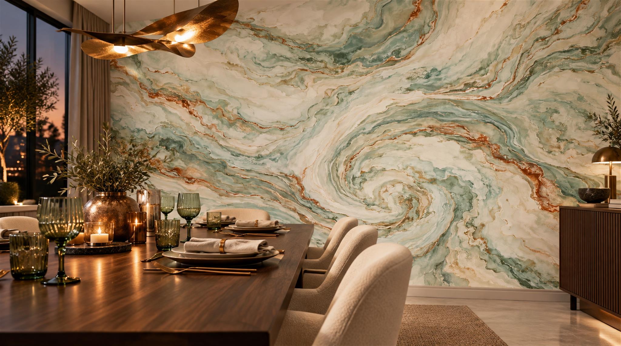 Red And Sage Green Marble Veining Wallpaper Mural Accent-wall-wallpaper-murals, Peel-and-stick Finish