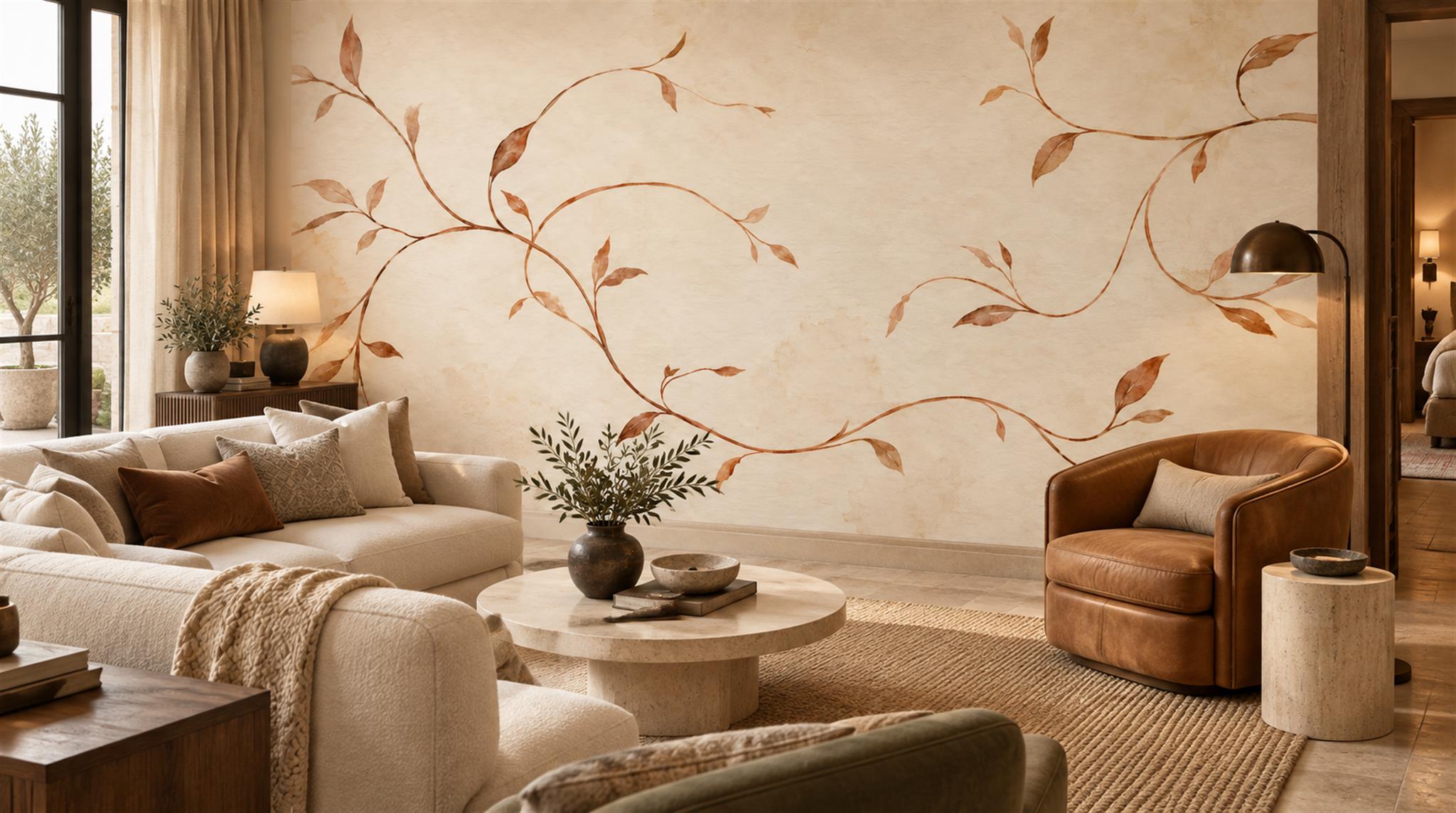Ivory And Red Decorative Patterning Wallpaper Mural Layered Forms Accent-wall-wallpaper-murals, Peel-and-stick Finish
