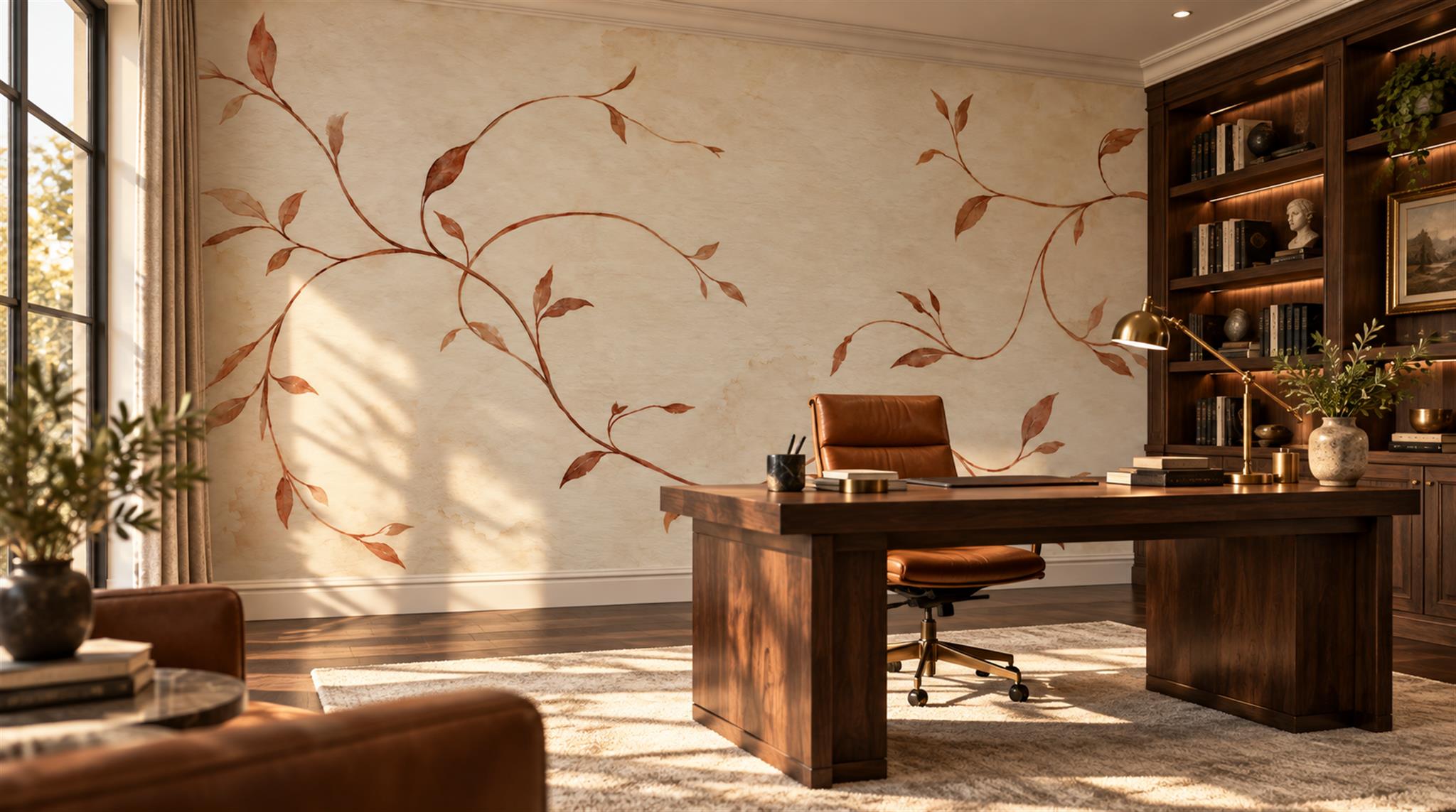 Ivory And Red Decorative Patterning Wallpaper Mural Layered Forms Office-wallpaper-murals, Shown In A Home Office, Peel-and-stick Finish