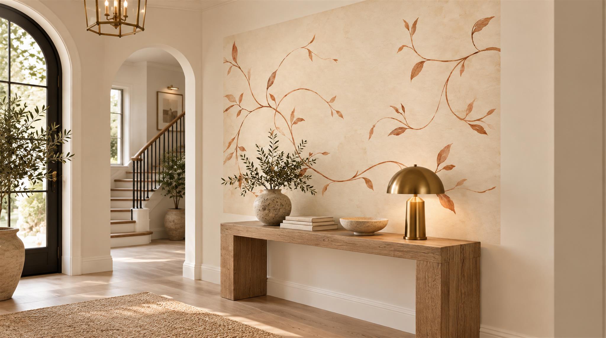 Ivory And Red Decorative Patterning Wallpaper Mural Layered Forms Entryway-wallpaper-murals, Peel-and-stick Finish