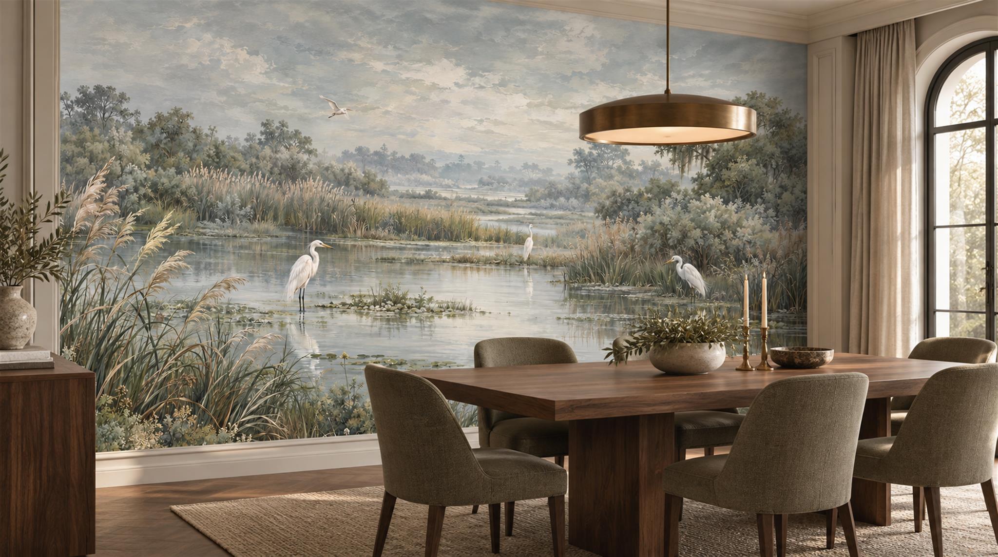Grey And Red A Painterly Scenic View Wallpaper Mural Dining-room-wallpaper-murals, Shown In A Dining Room, Peel-and-stick Finish