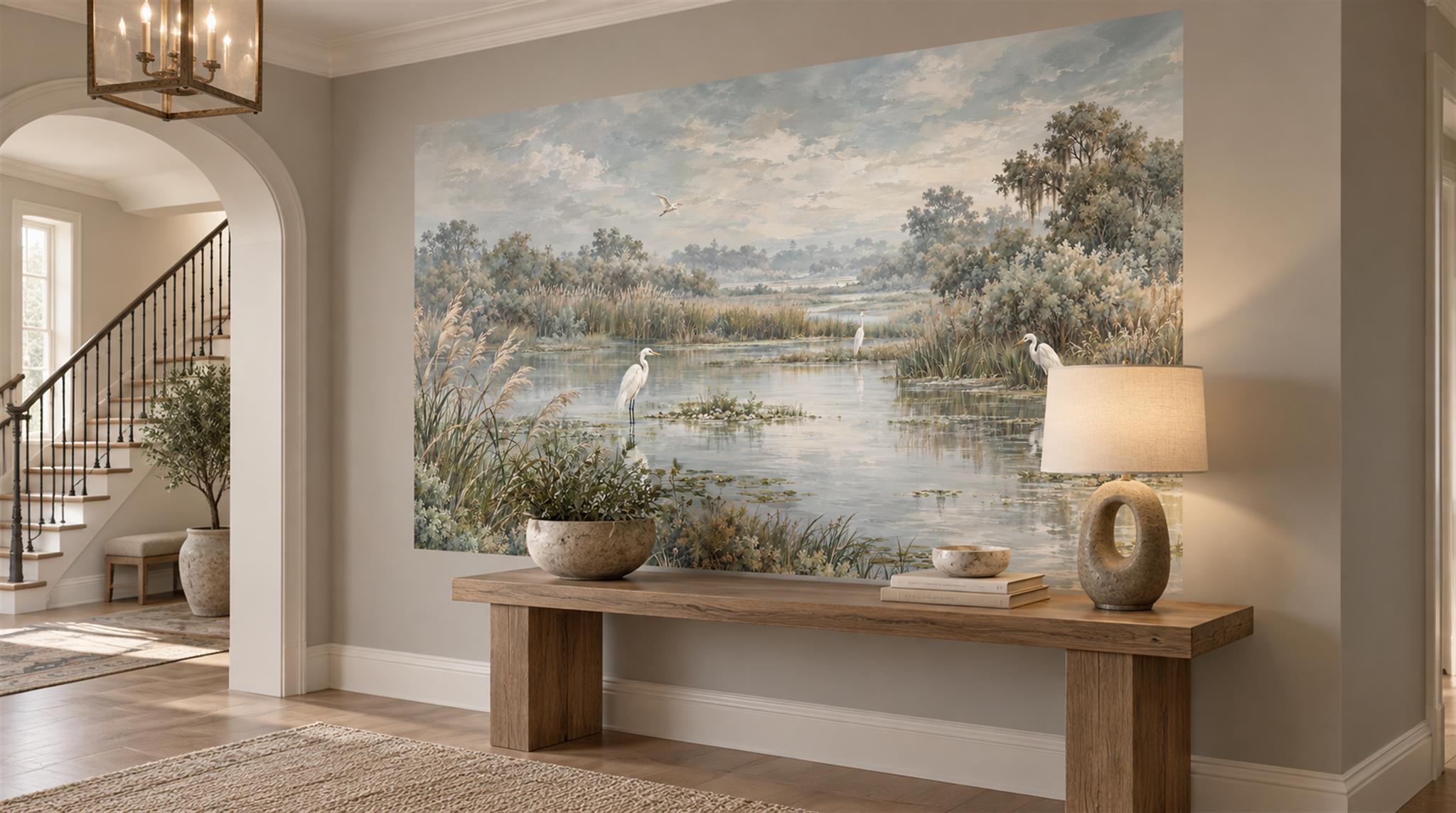 Grey And Red A Painterly Scenic View Wallpaper Mural Entryway-wallpaper-murals, Peel-and-stick Finish