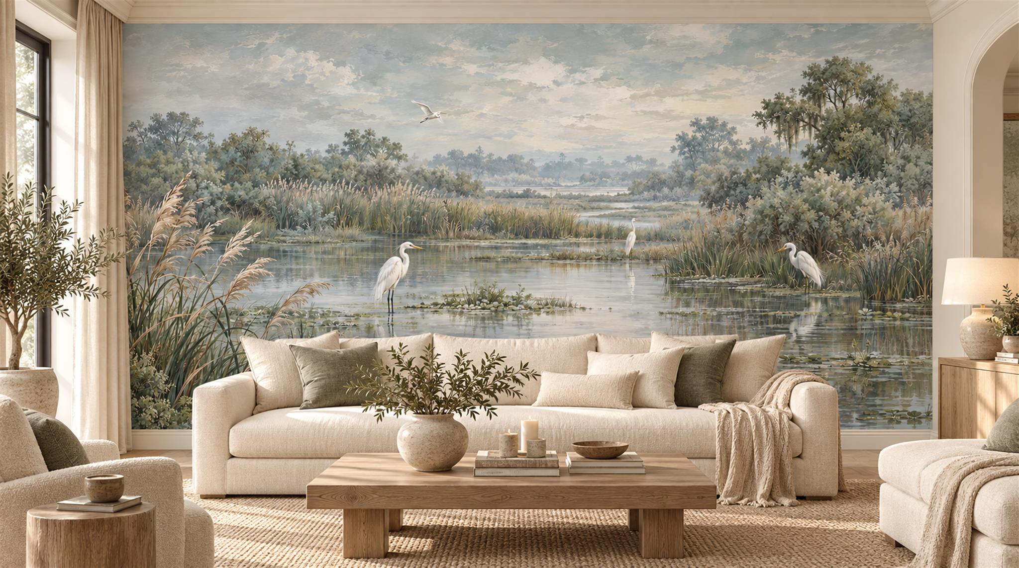 Grey And Red A Painterly Scenic View Wallpaper Mural Living-room-wallpaper-murals, Shown In A Living Room, Peel-and-stick Finish