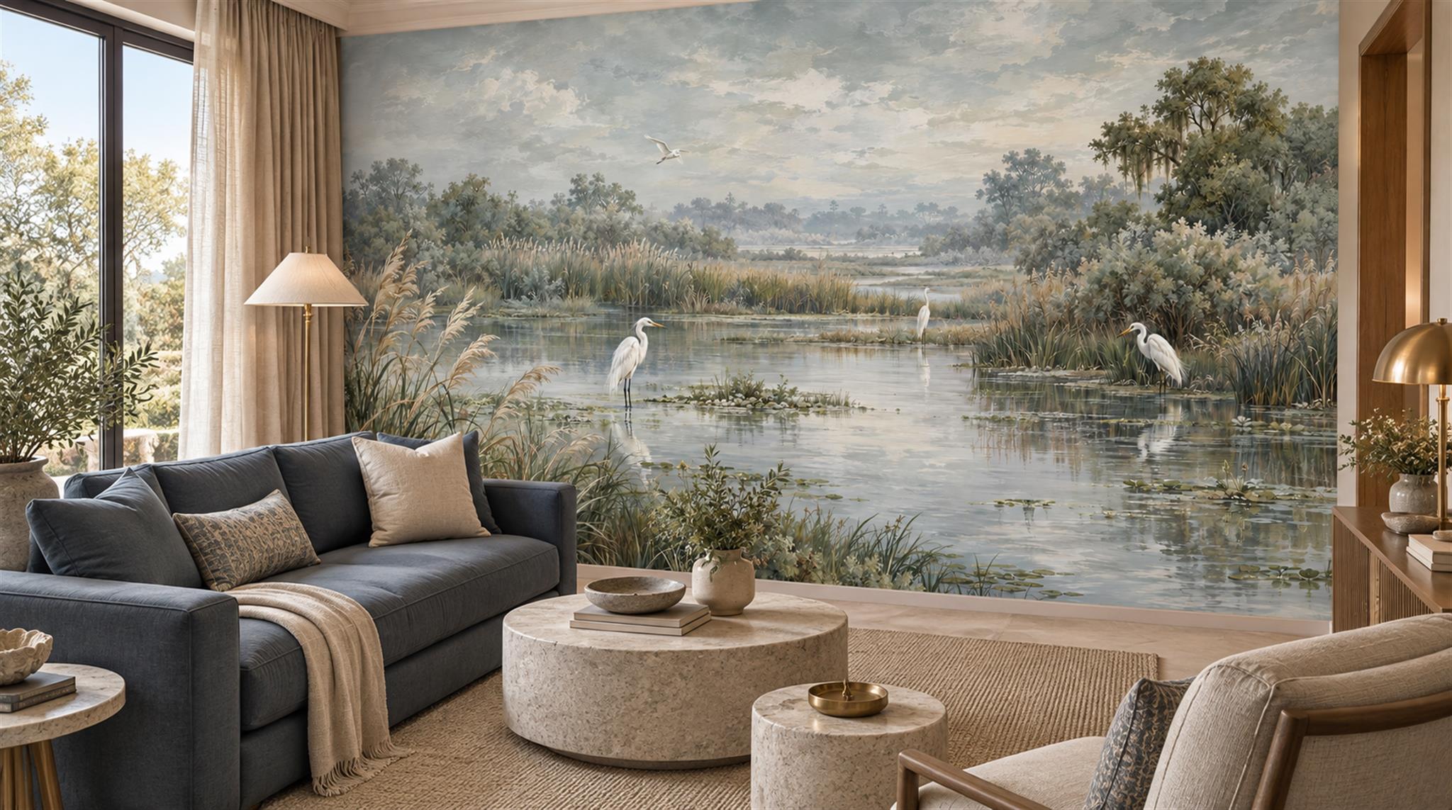 Grey And Red A Painterly Scenic View Wallpaper Mural, Peel-and-stick Finish