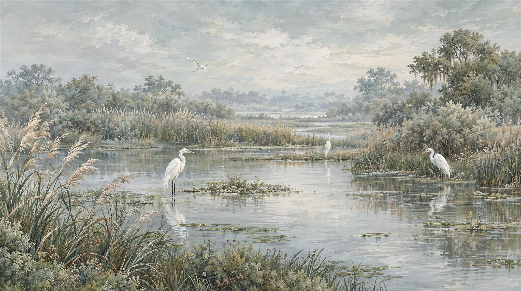 White Herons In A Quiet Marsh Wallpaper Mural — Wallpaper Mural Design, Peel-and-stick Finish