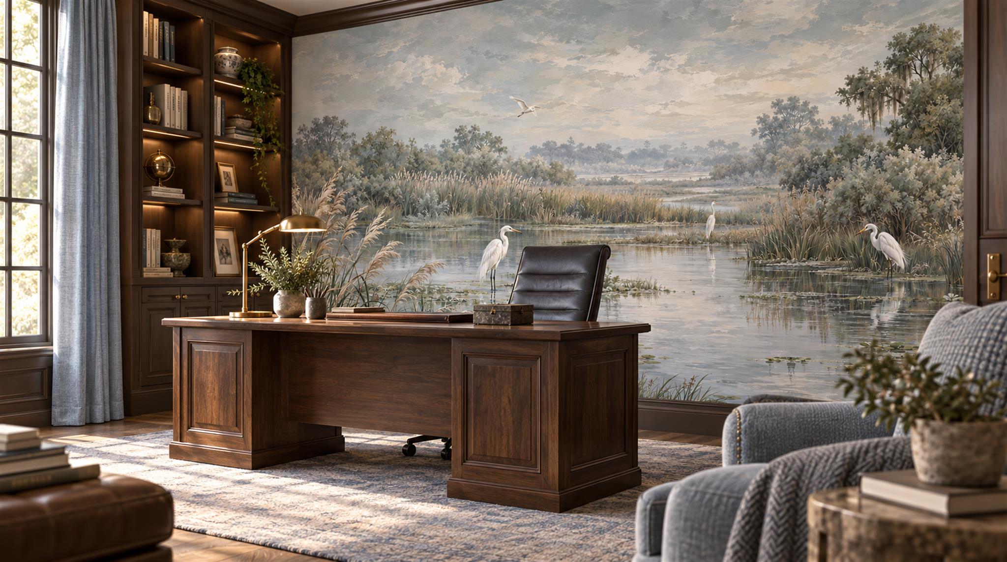 Grey And Red A Painterly Scenic View Wallpaper Mural Accent-wall-wallpaper-murals, Peel-and-stick Finish
