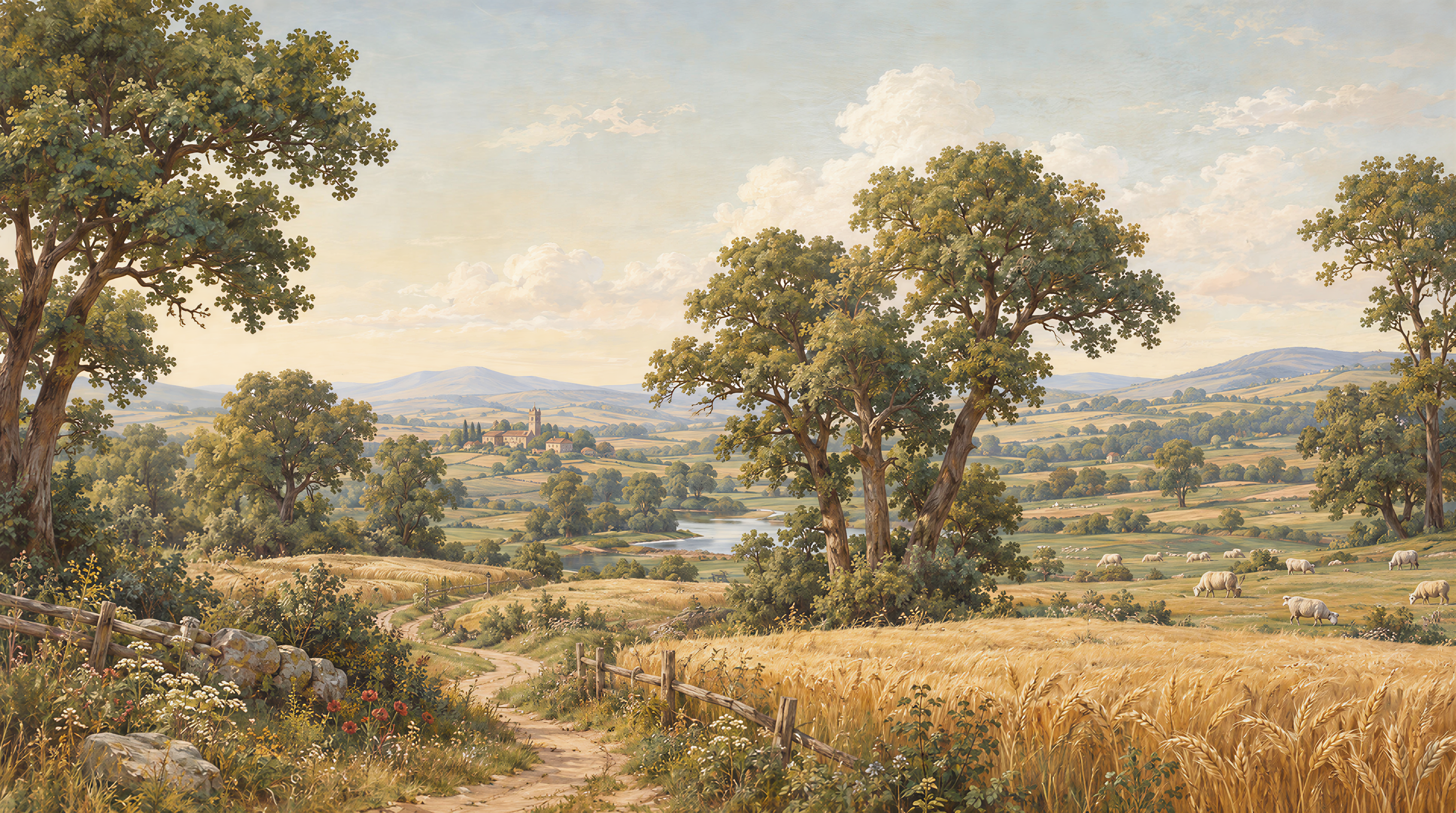 Gold And Red A Painterly Scenic View Wallpaper Mural, Peel-and-stick Finish