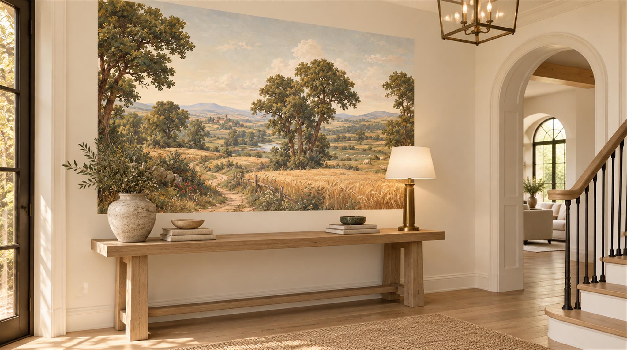 Gold And Red A Painterly Scenic View Wallpaper Mural Entryway-wallpaper-murals, Peel-and-stick Finish