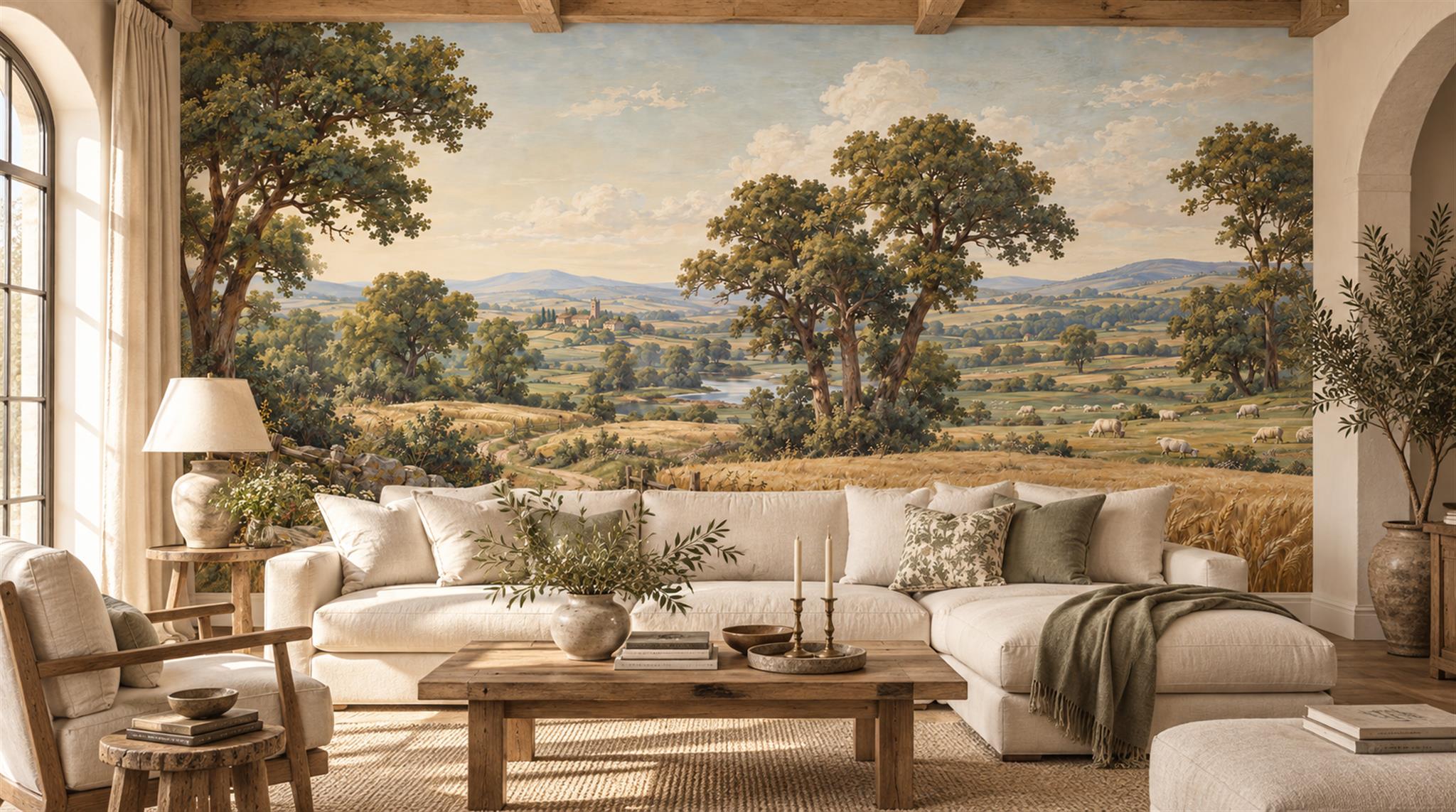 Gold And Red A Painterly Scenic View Wallpaper Mural Living-room-wallpaper-murals, Shown In A Living Room, Peel-and-stick Finish