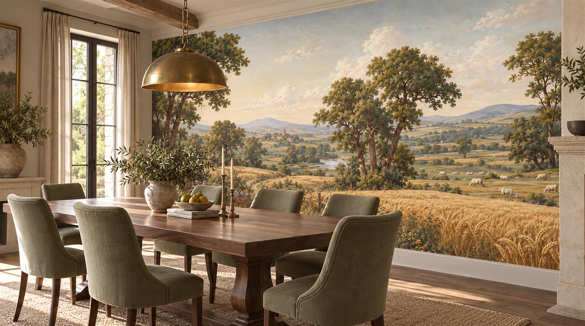 Gold And Red A Painterly Scenic View Wallpaper Mural Dining-room-wallpaper-murals, Shown In A Dining Room, Peel-and-stick Finish