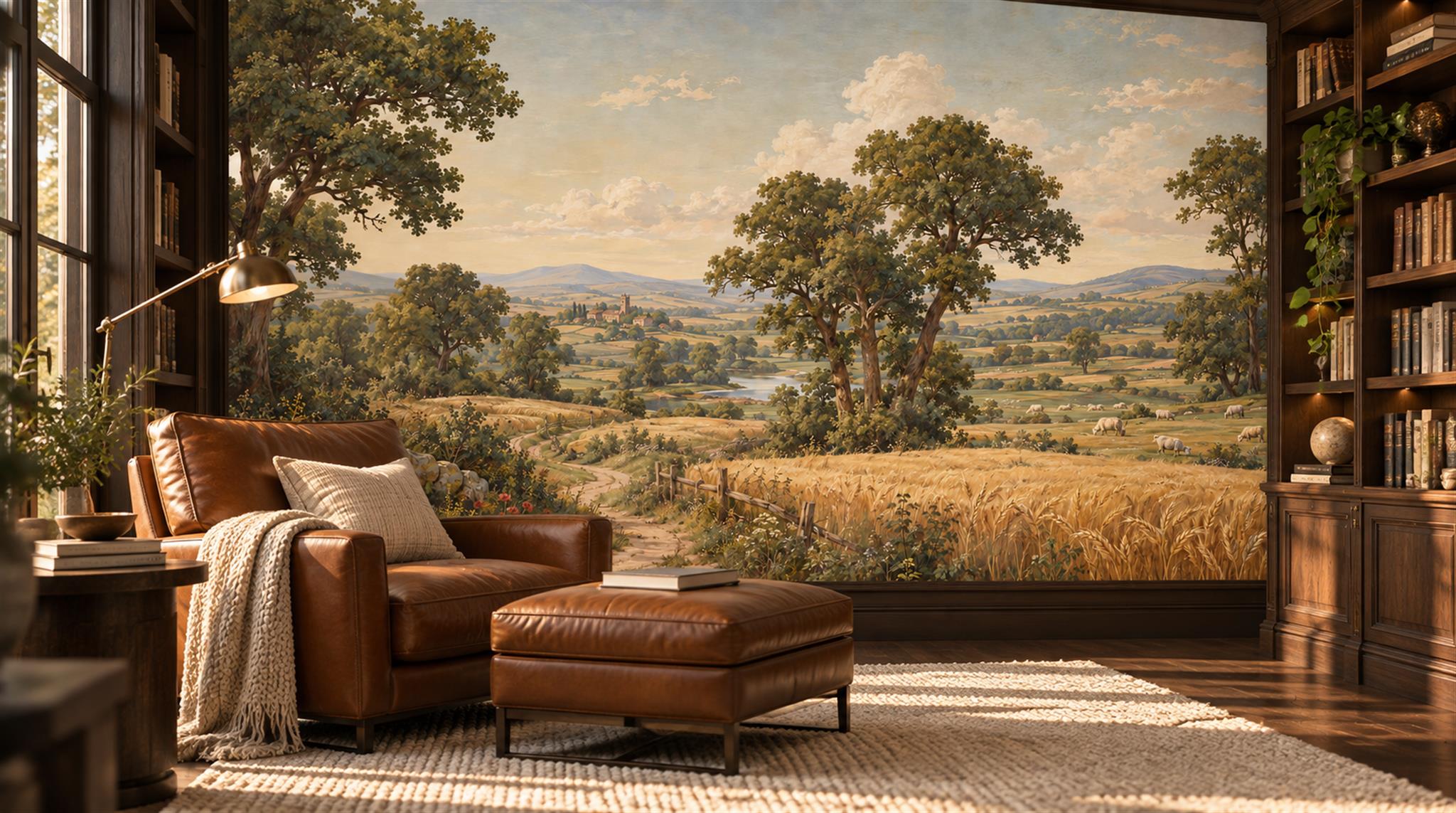 Gold And Red A Painterly Scenic View Wallpaper Mural Library-wallpaper-murals, Peel-and-stick Finish