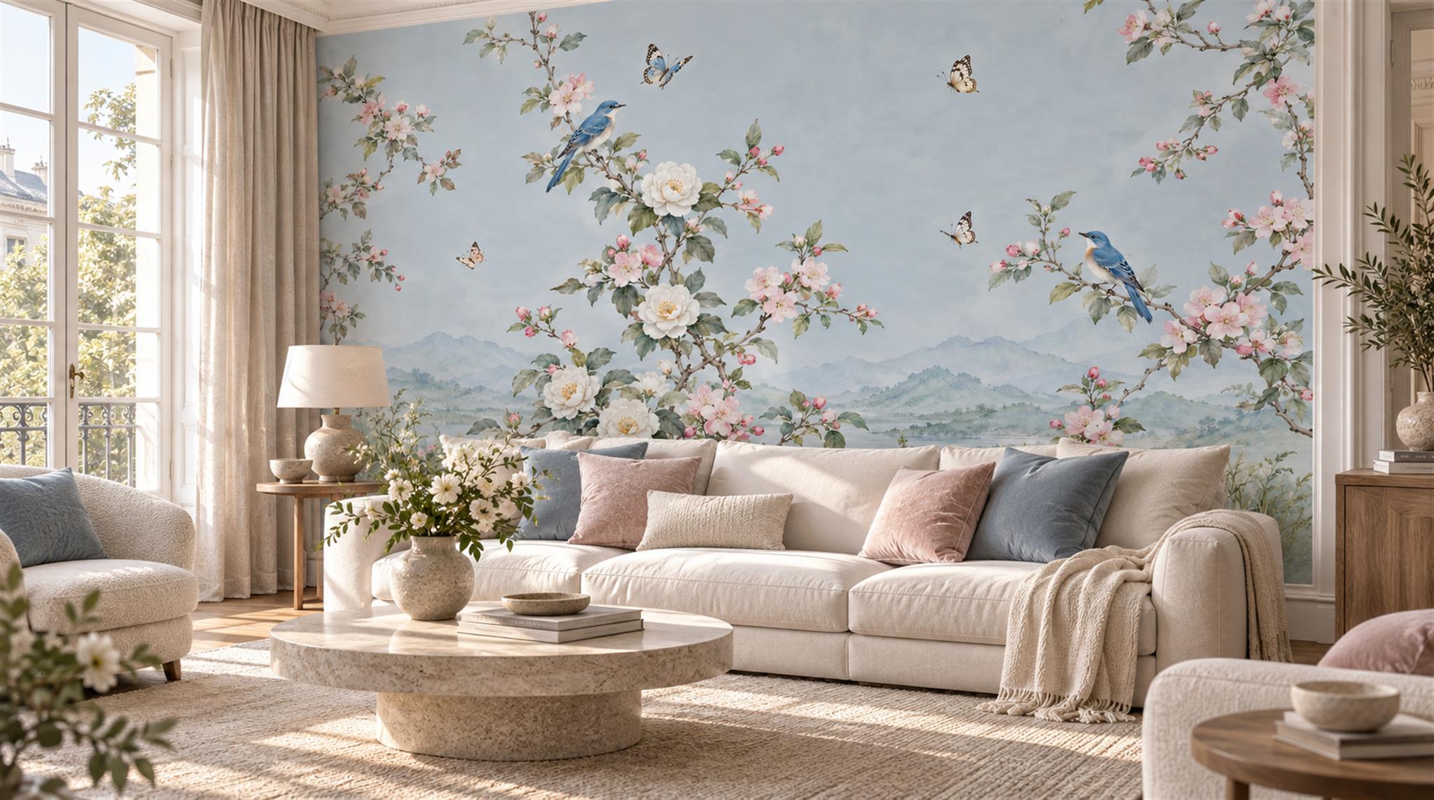 Bluebirds And Blossom Branches Mountain Wallpaper Mural — Wallpaper Mural Design, Peel-and-stick Finish
