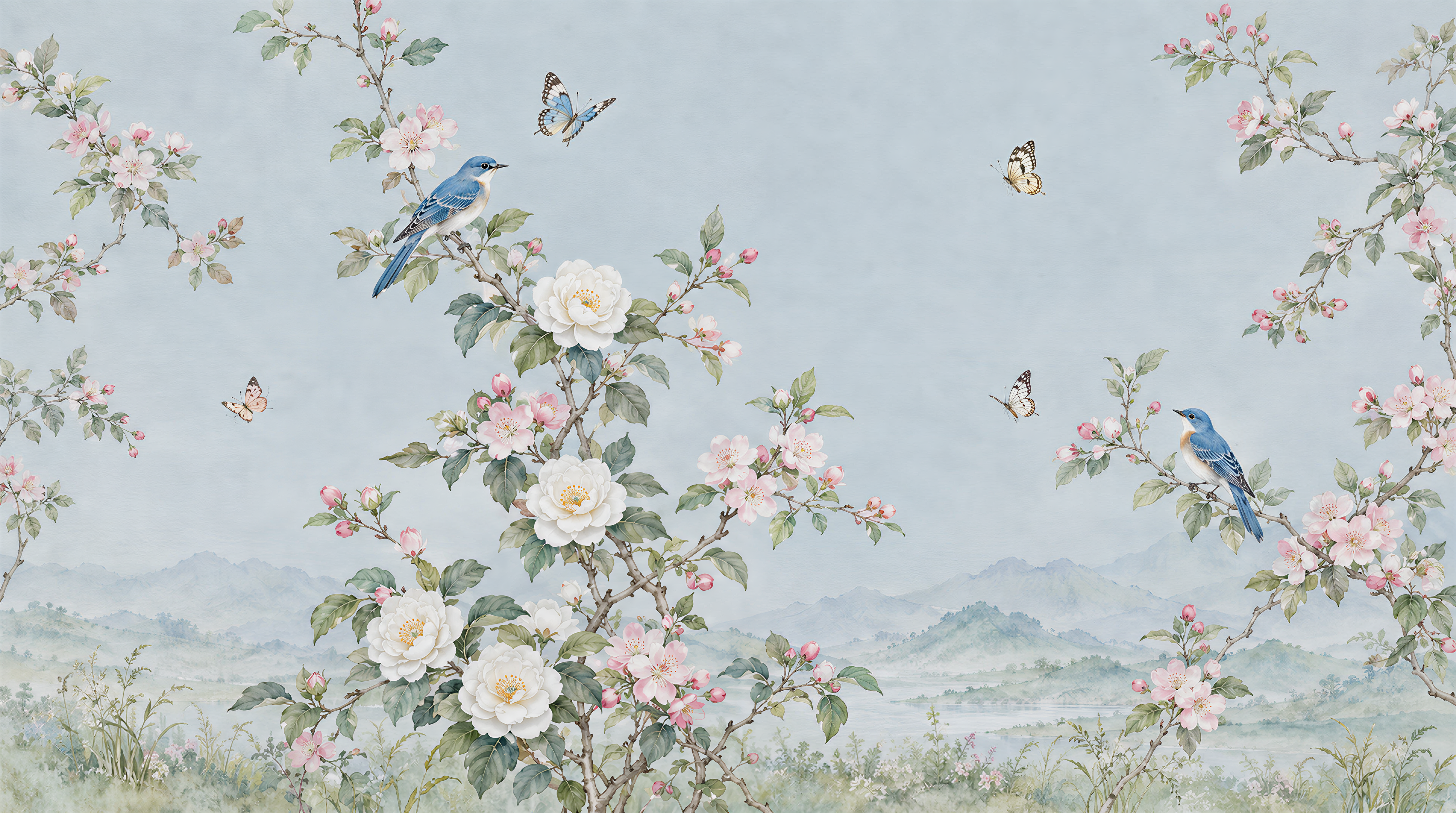 Red And Blue Blossom Branches Wallpaper Mural, Peel-and-stick Finish