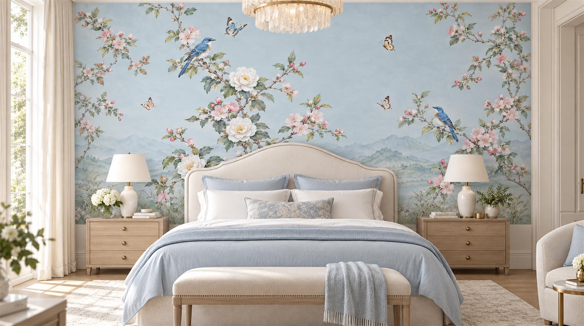Red And Blue Blossom Branches Wallpaper Mural Bedroom-wallpaper-murals, Peel-and-stick Finish
