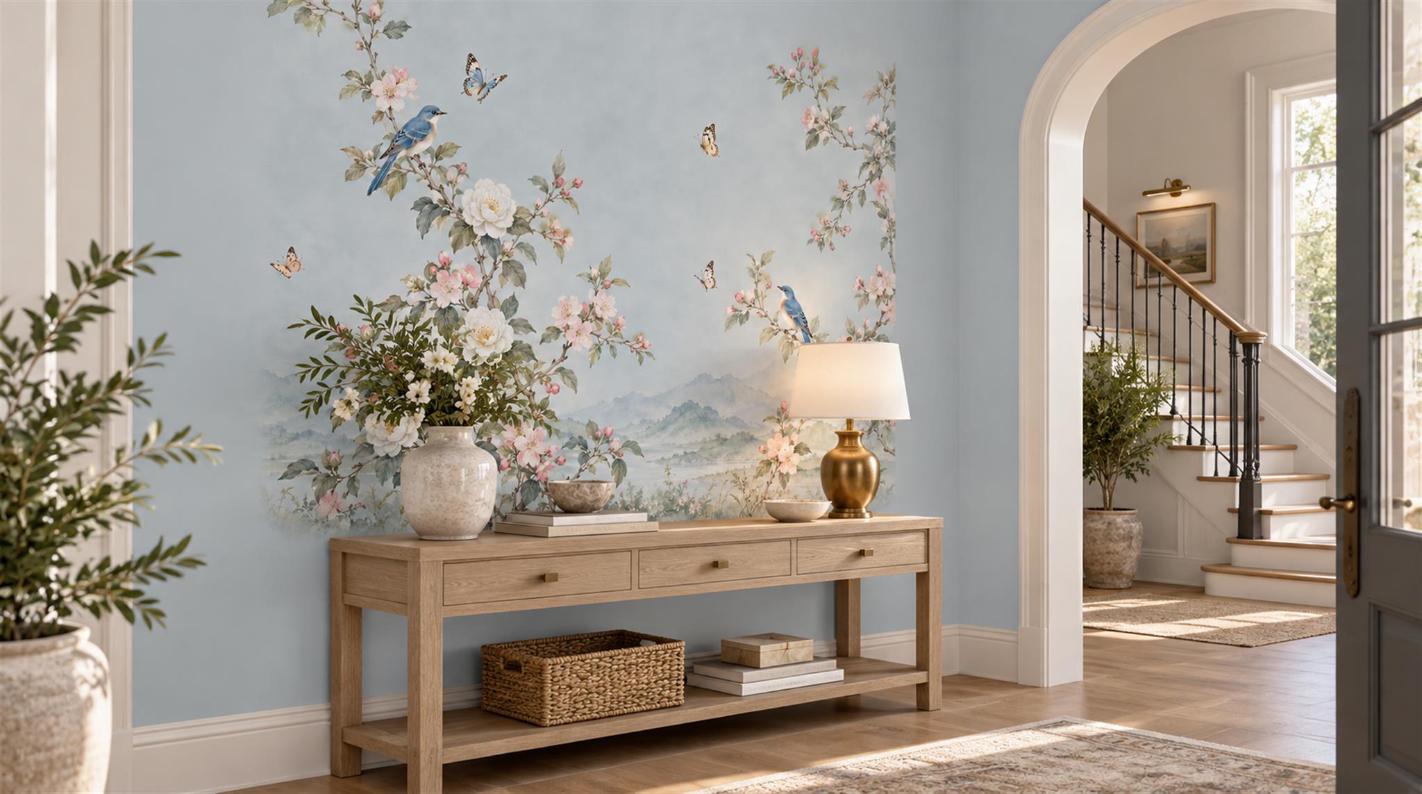 Red And Blue Blossom Branches Wallpaper Mural Entryway-wallpaper-murals, Peel-and-stick Finish