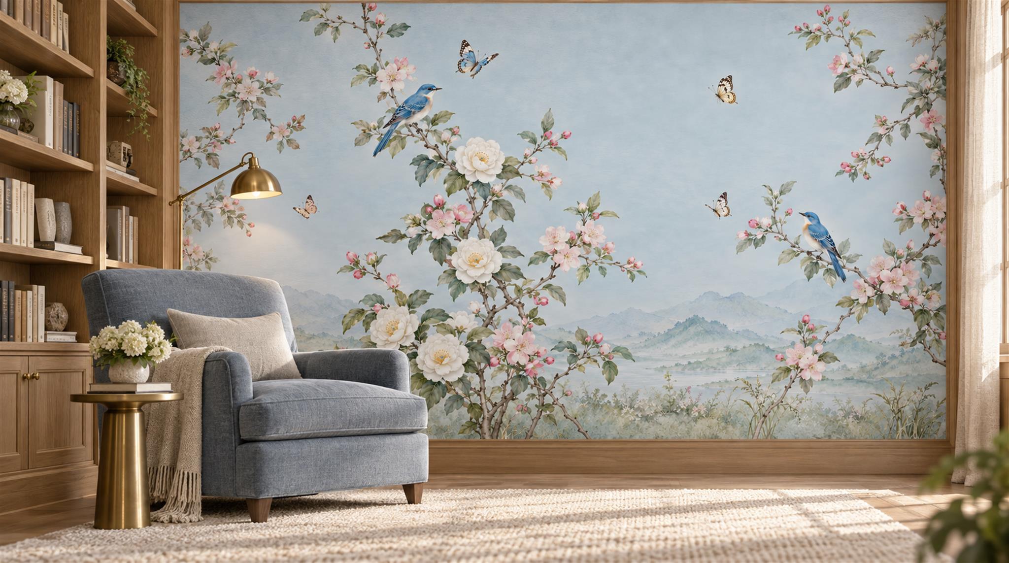 Red And Blue Blossom Branches Wallpaper Mural Library-wallpaper-murals, Peel-and-stick Finish