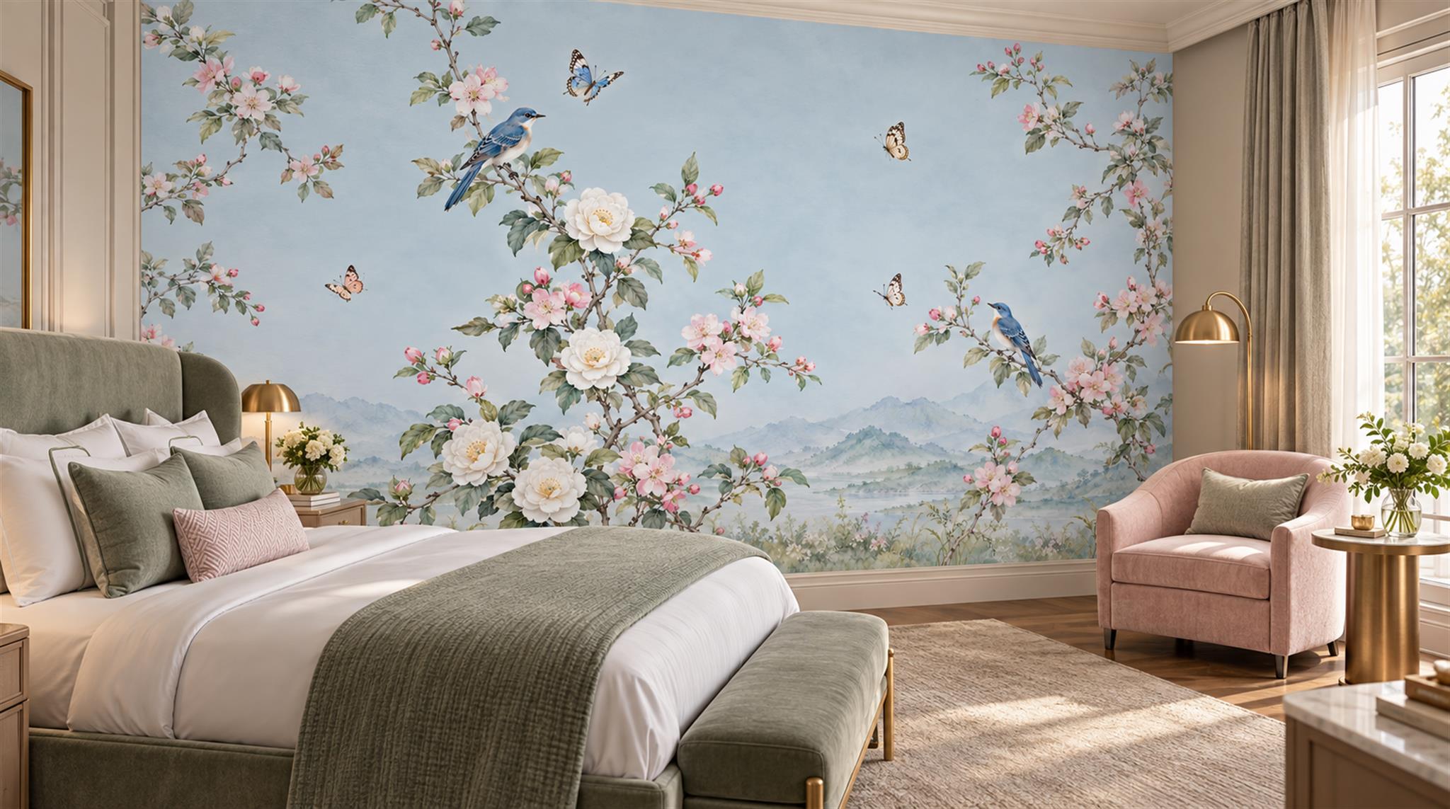 Red And Blue Blossom Branches Wallpaper Mural Accent-wall-wallpaper-murals, Peel-and-stick Finish