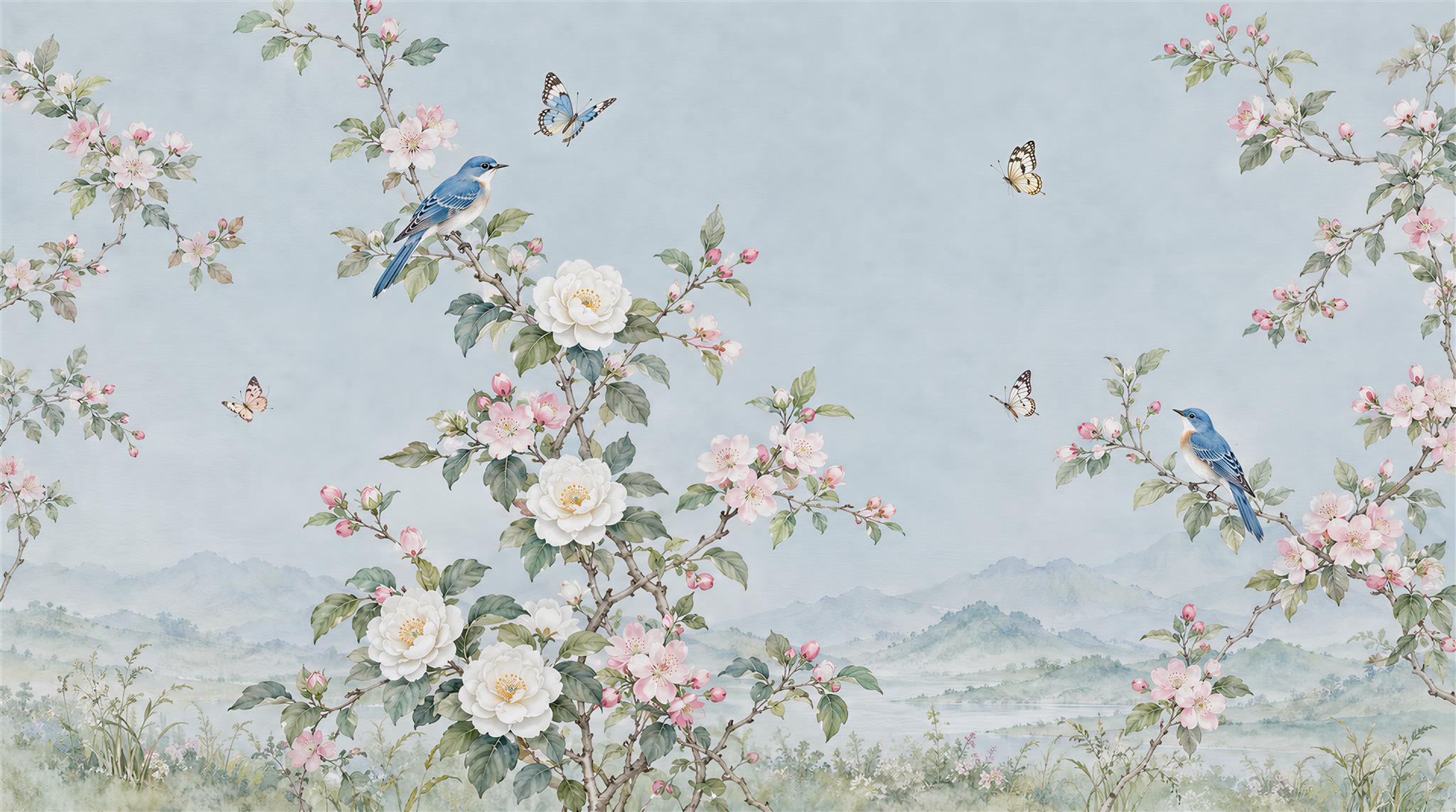 Red And Blue Blossom Branches Wallpaper Mural Library-wallpaper-murals, Peel-and-stick Finish