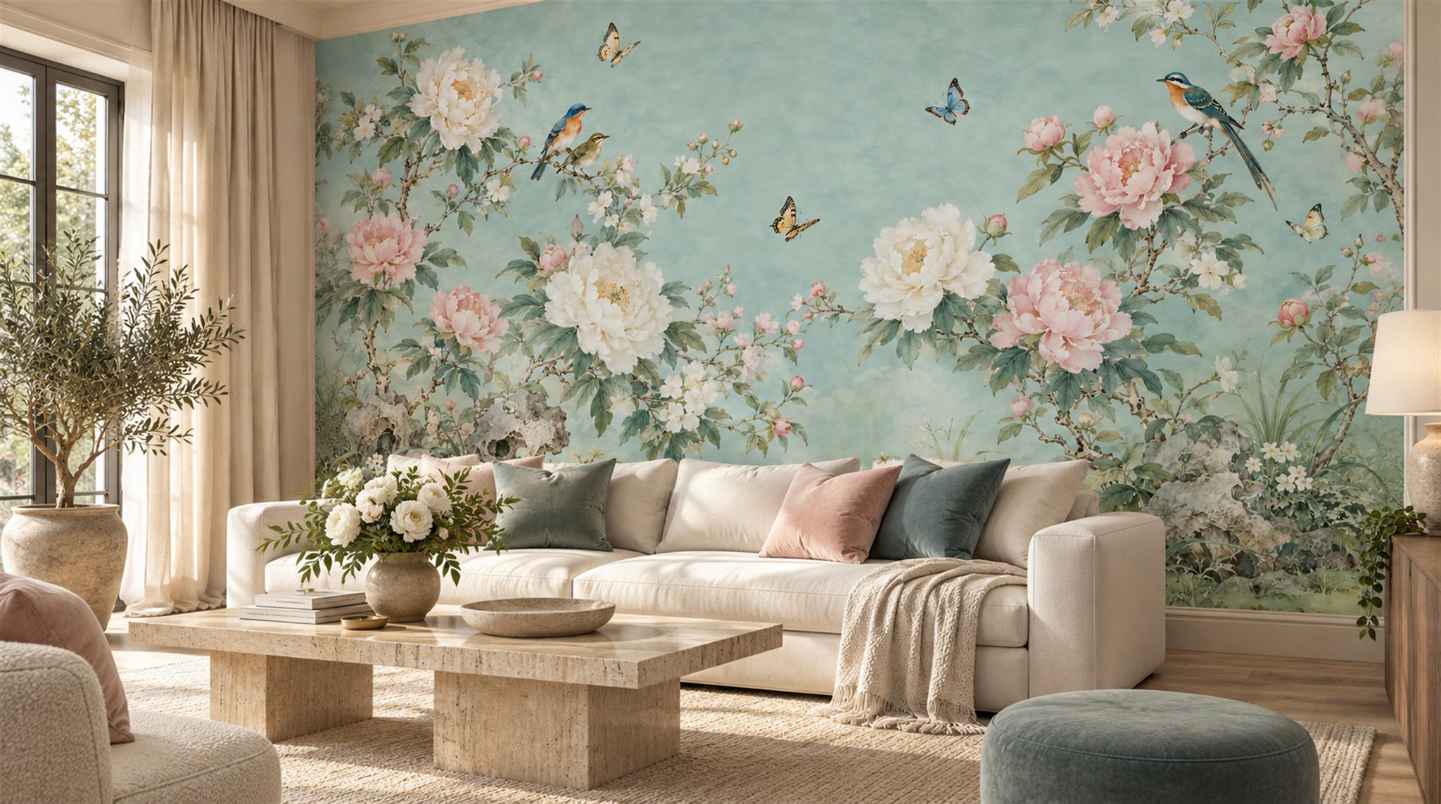 Red And Teal Decorative Patterning Textured Wallpaper Mural Living-room-wallpaper-murals, Shown In A Living Room, Peel-and-stick Finish