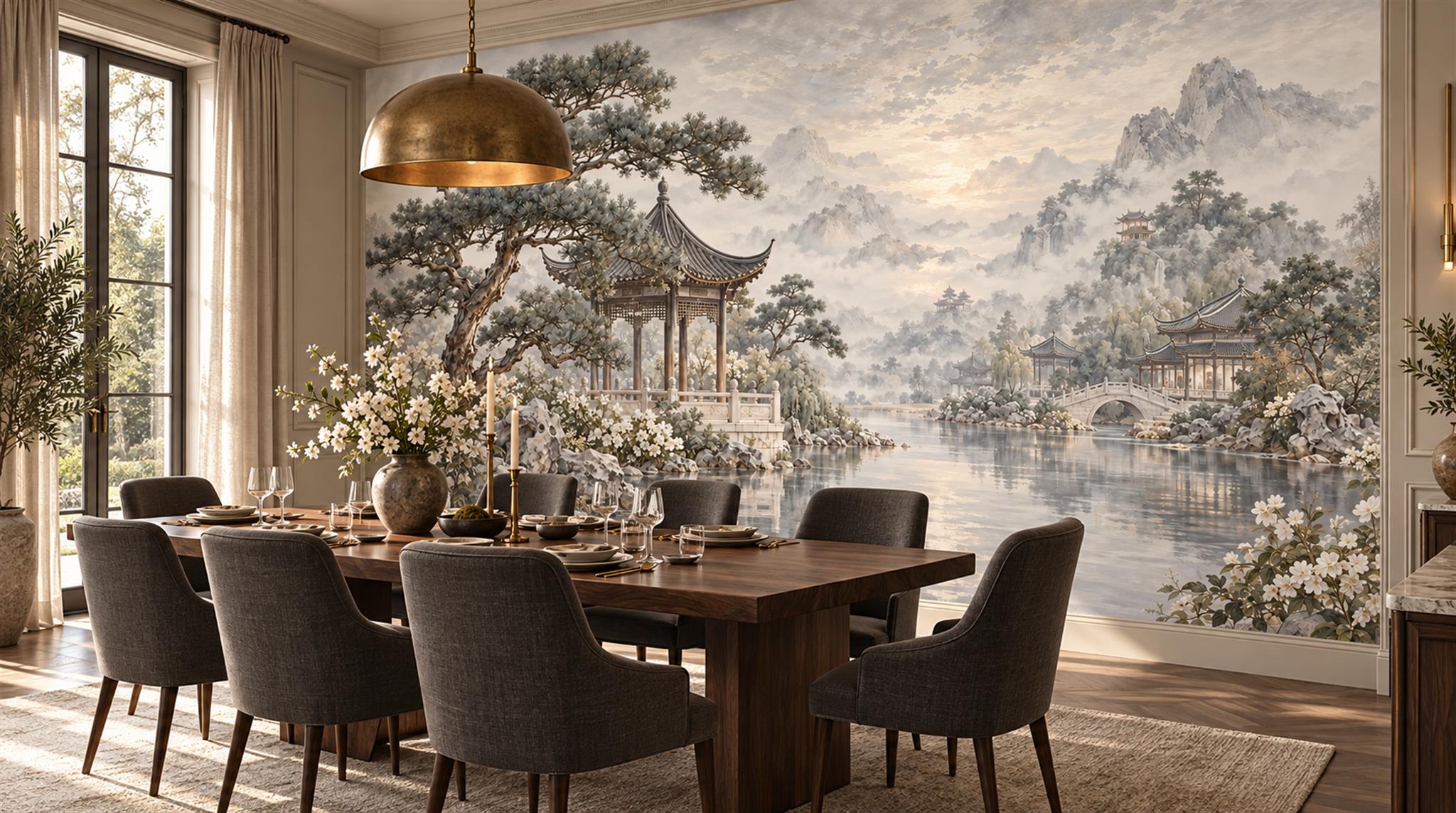 Grey And Red Pagoda Architecture Wallpaper Mural Dining-room-wallpaper-murals, Shown In A Dining Room, Peel-and-stick Finish