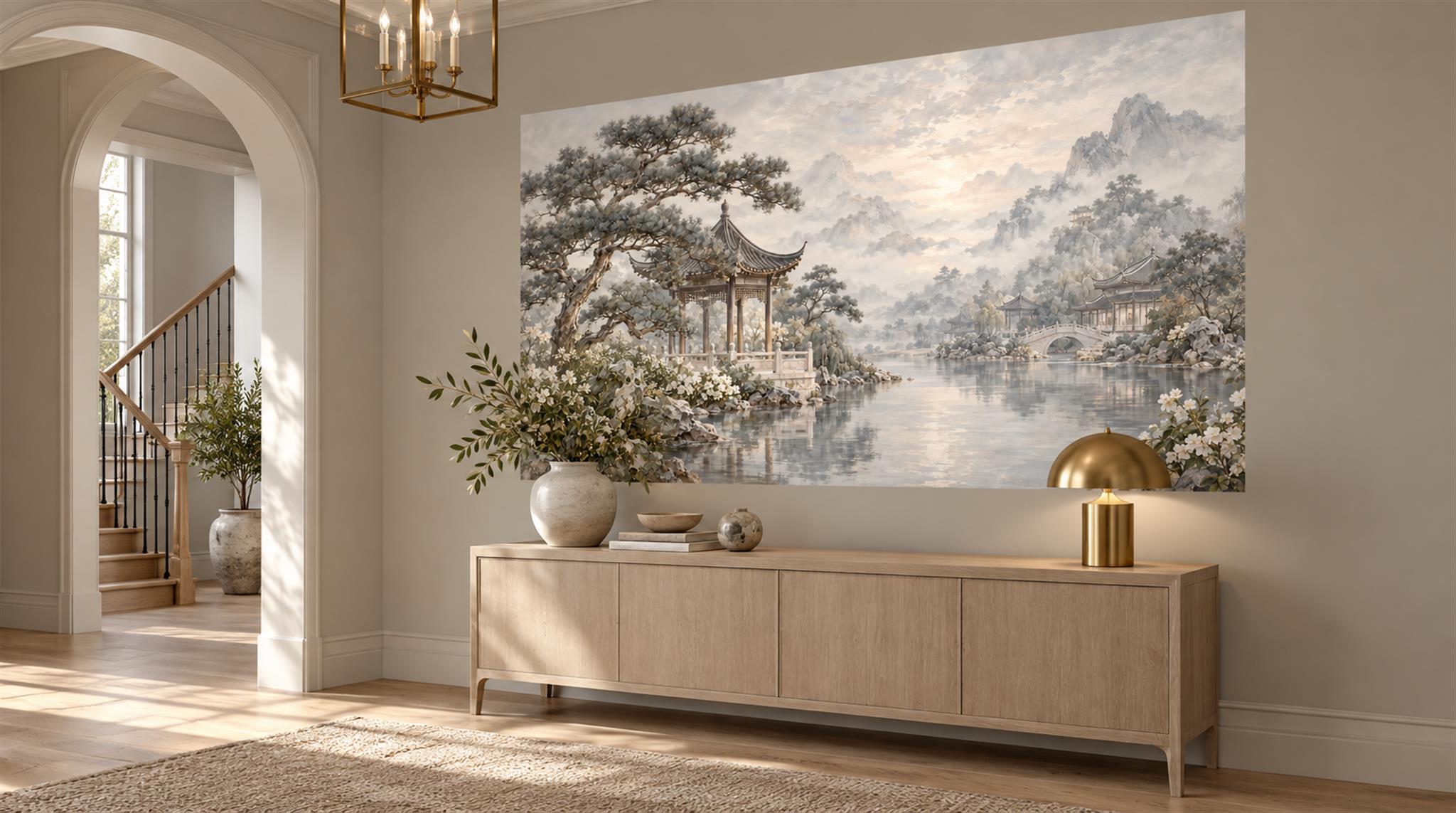 Grey And Red Pagoda Architecture Wallpaper Mural Entryway-wallpaper-murals, Peel-and-stick Finish