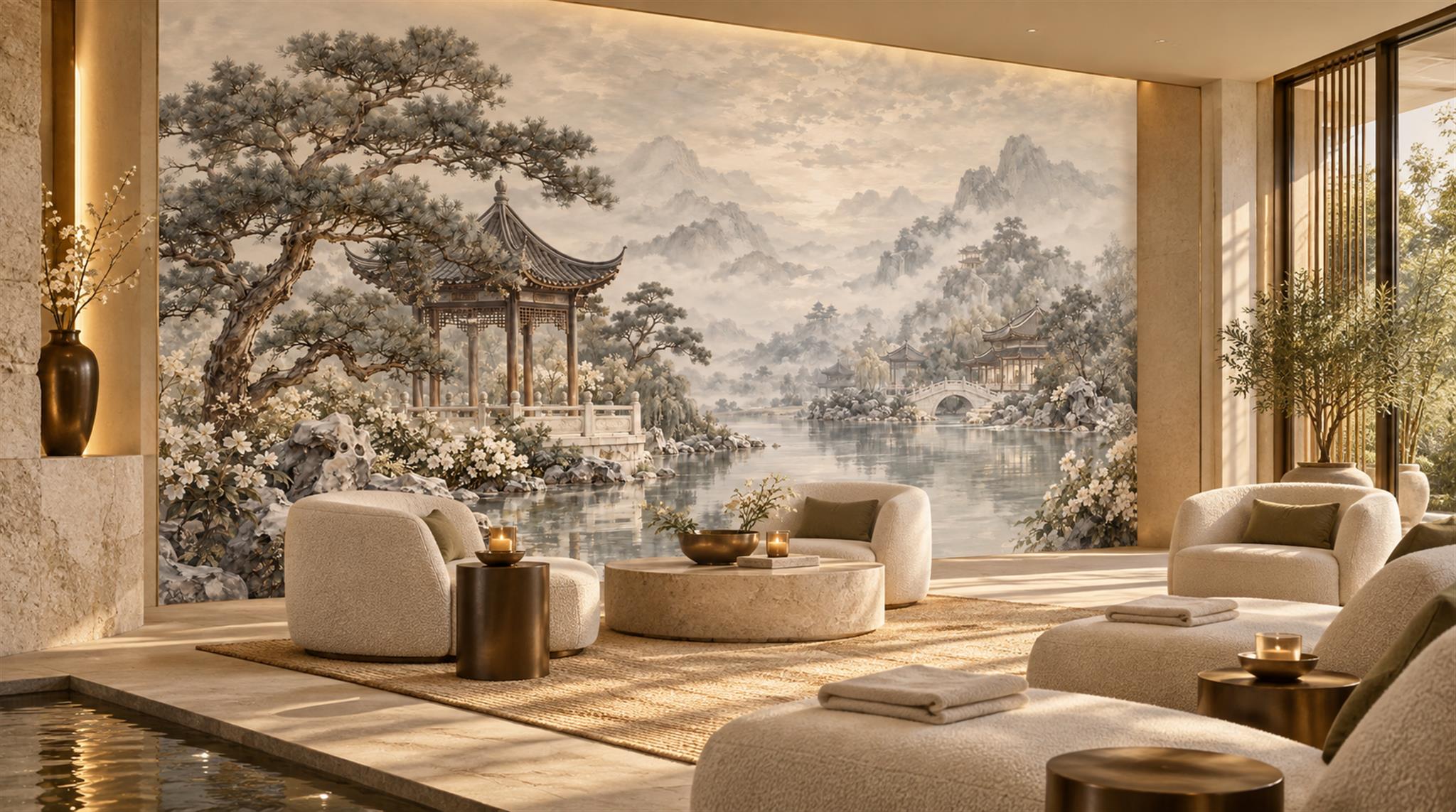 Grey And Red Pagoda Architecture Wallpaper Mural, Peel-and-stick Finish