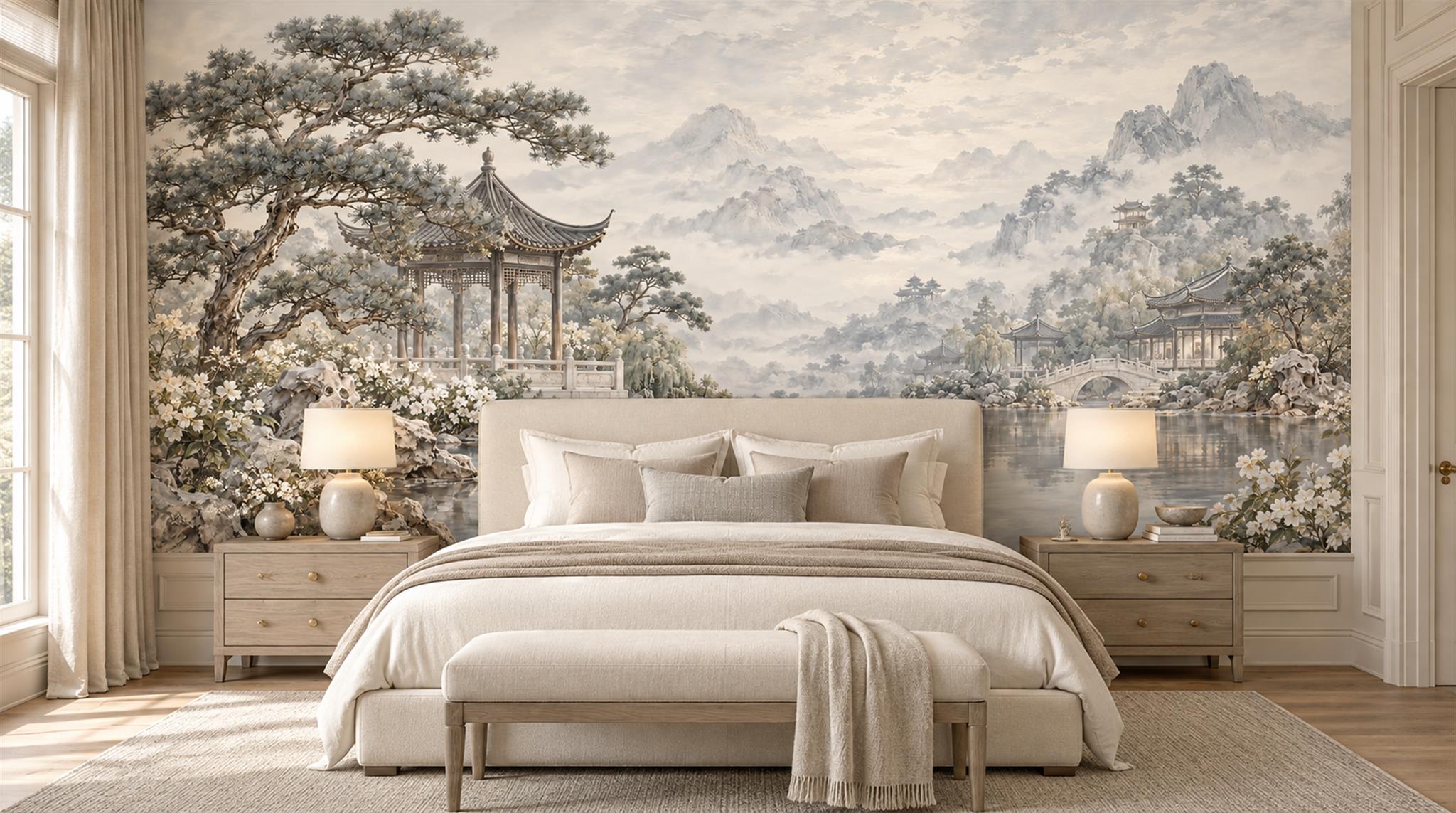 Grey And Red Pagoda Architecture Wallpaper Mural Bedroom-wallpaper-murals, Peel-and-stick Finish