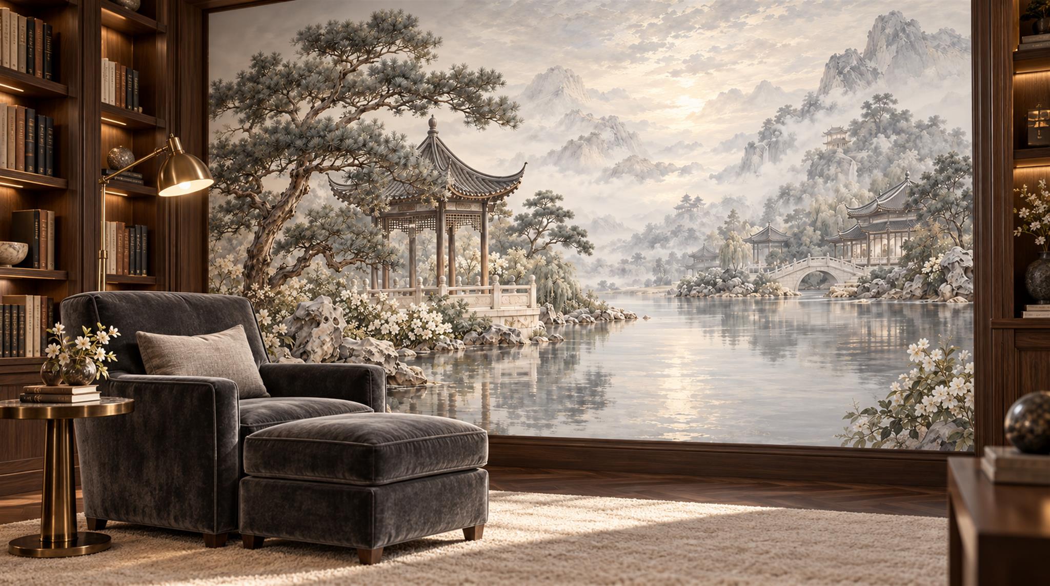 Grey And Red Pagoda Architecture Wallpaper Mural Accent-wall-wallpaper-murals, Peel-and-stick Finish