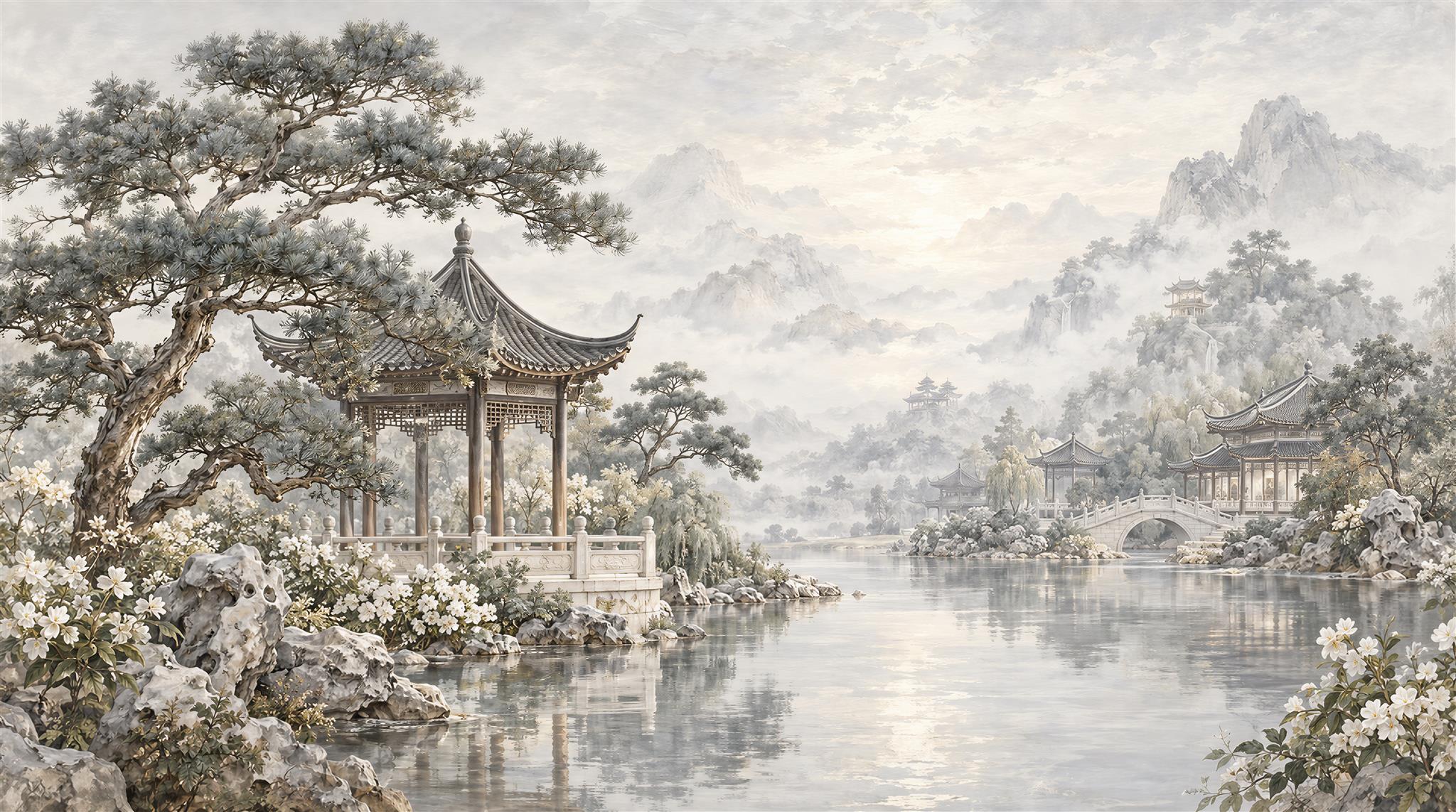 Pagoda Pavilion Beside A Misty Lake Wallpaper Mural — Wallpaper Mural Design, Peel-and-stick Finish