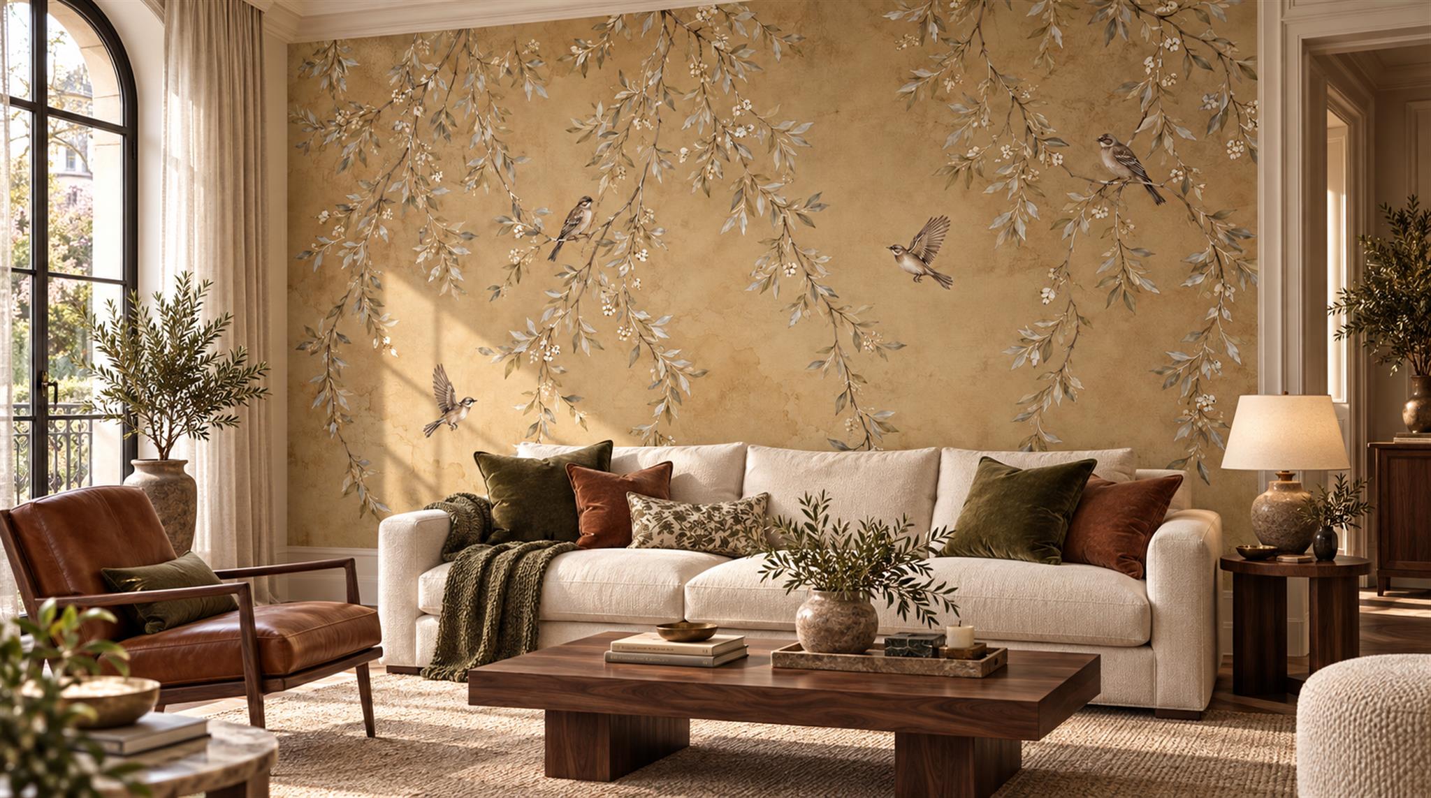 Golden Branches And Small Birds Wallpaper Mural — Wallpaper Mural Design, Peel-and-stick Finish