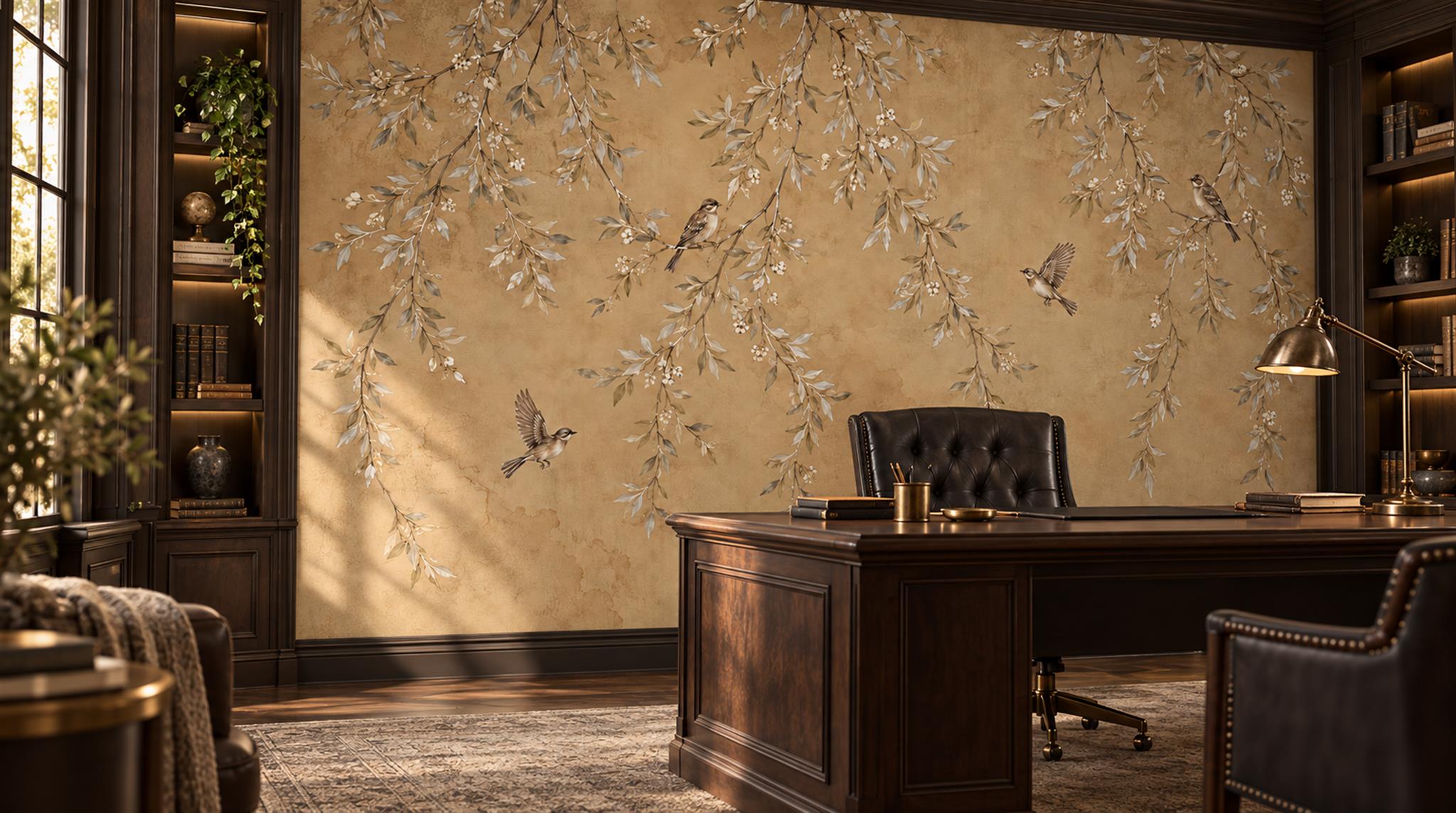 Beige And Red Decorative Patterning Layered Wallpaper Mural Office-wallpaper-murals, Shown In A Home Office, Peel-and-stick Finish