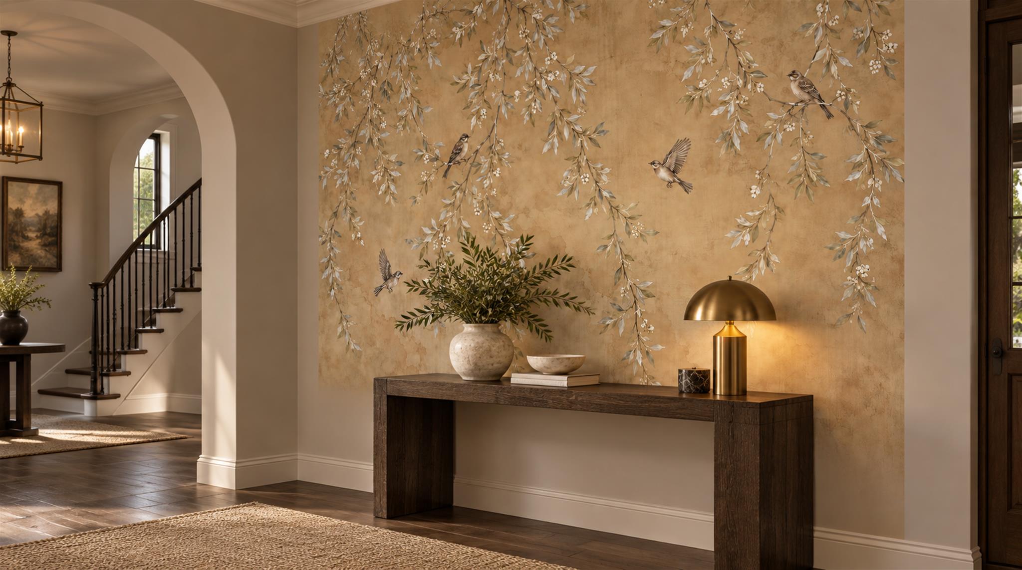 Beige And Red Decorative Patterning Layered Wallpaper Mural Entryway-wallpaper-murals, Peel-and-stick Finish
