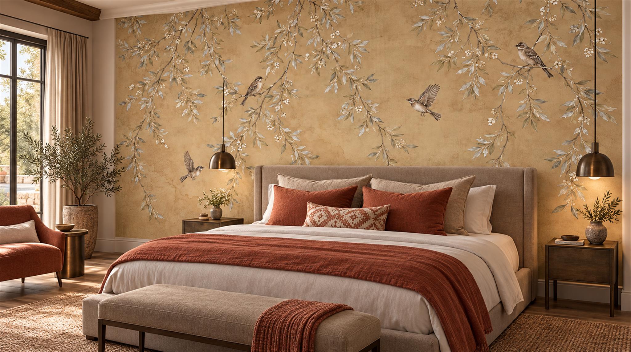 Beige And Red Decorative Patterning Layered Wallpaper Mural Accent-wall-wallpaper-murals, Peel-and-stick Finish