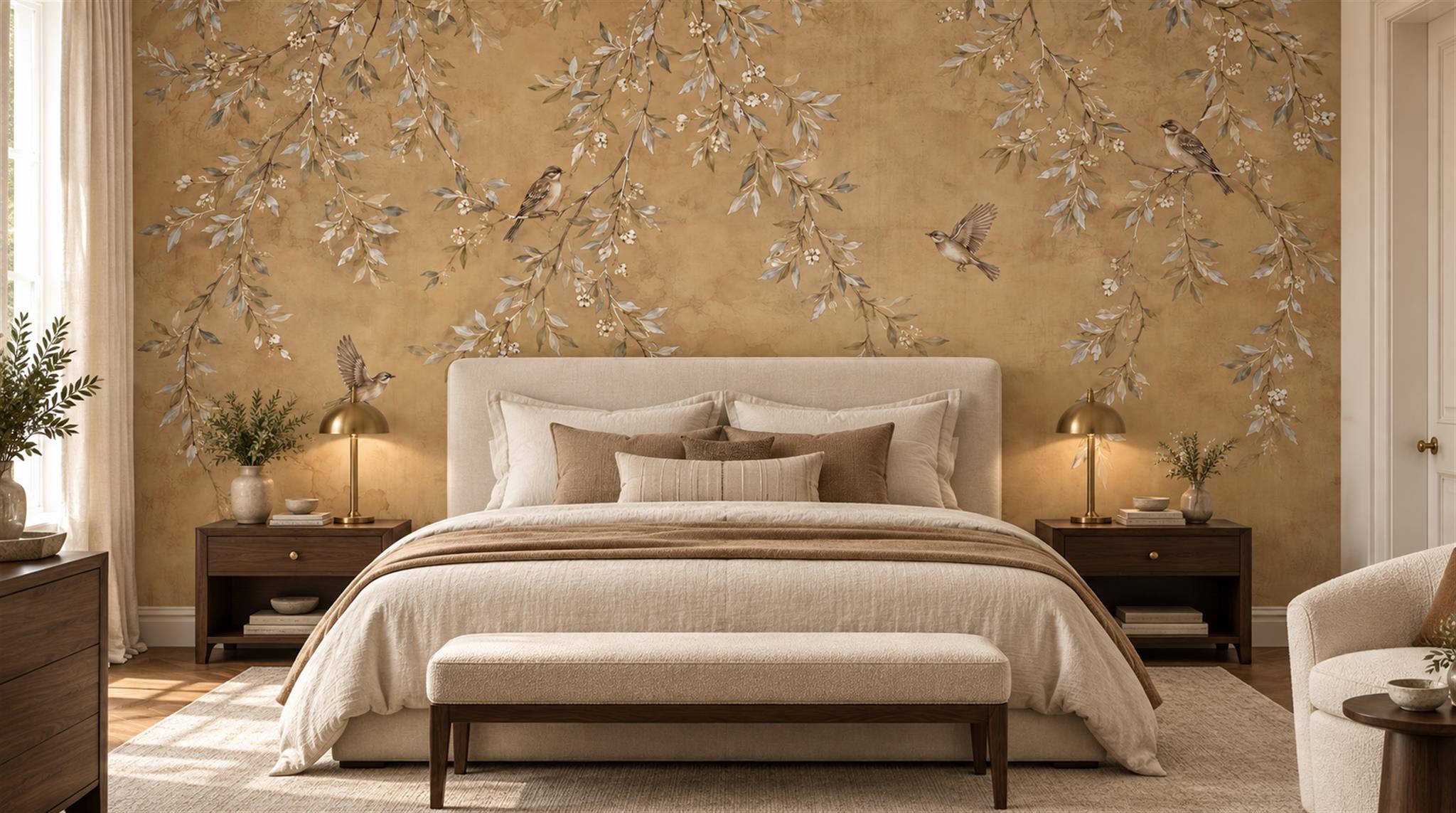 Beige And Red Decorative Patterning Layered Wallpaper Mural Bedroom-wallpaper-murals, Peel-and-stick Finish
