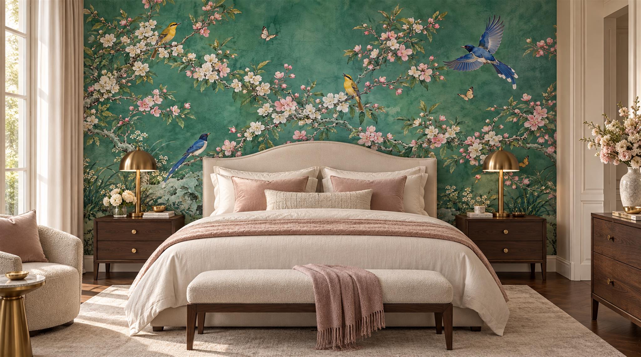 Red And Teal Decorative Patterning Painterly Wallpaper Mural Bedroom-wallpaper-murals, Peel-and-stick Finish