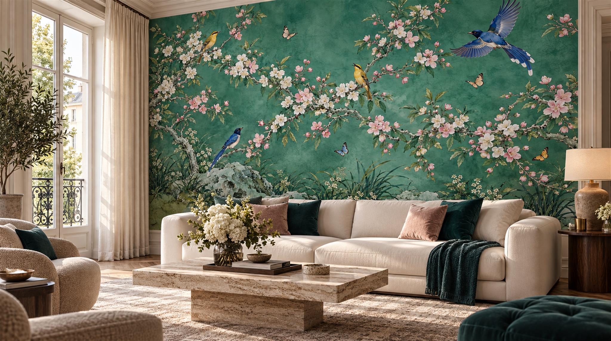 Red And Teal Decorative Patterning Painterly Wallpaper Mural Living-room-wallpaper-murals, Shown In A Living Room, Peel-and-stick Finish