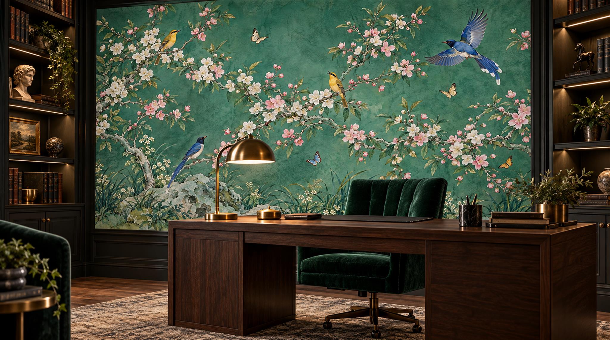 Red And Teal Decorative Patterning Painterly Wallpaper Mural Office-wallpaper-murals, Shown In A Home Office, Peel-and-stick Finish